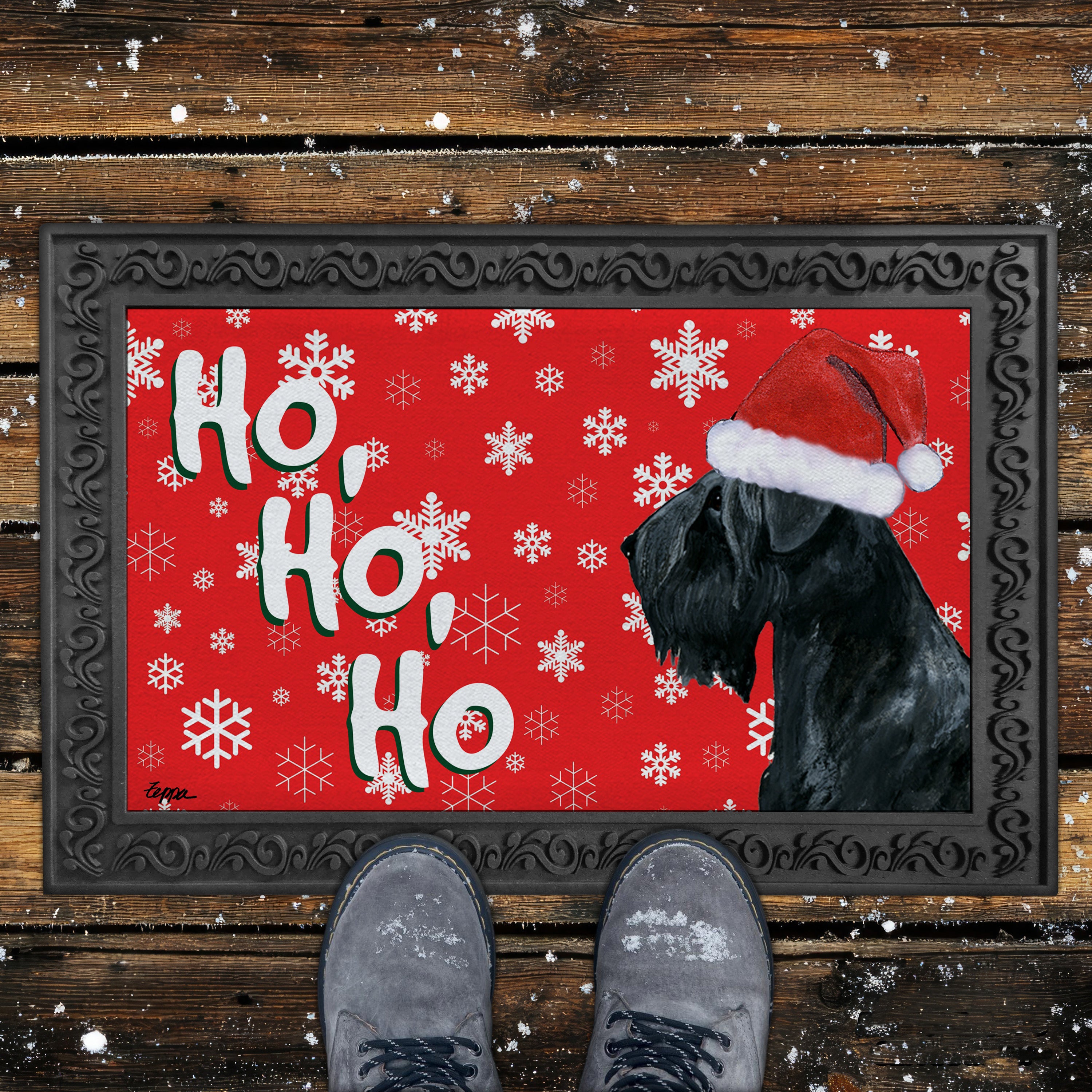 Black Russian Terrier Ho Ho Ho Door Mat in Red