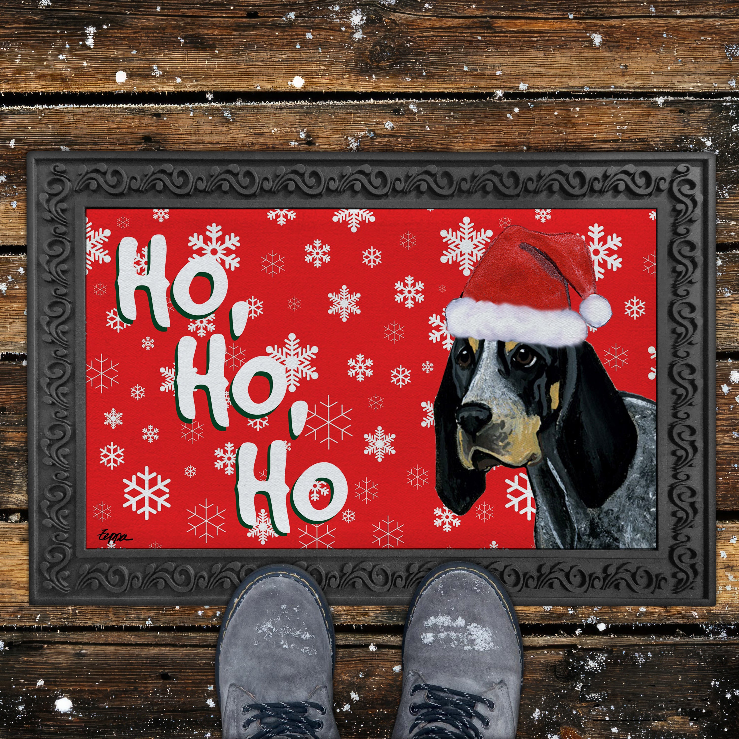 Bluetick Coonhound Ho Ho Ho Door Mat in Red