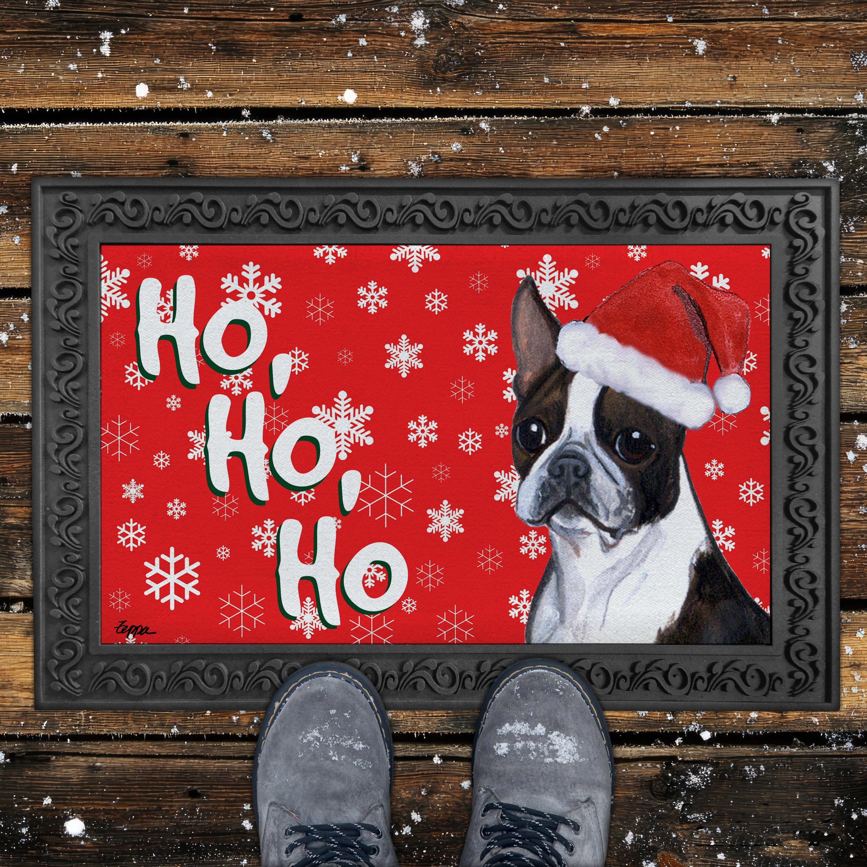 Boston Terrier Ho Ho Ho Door Mat in Red