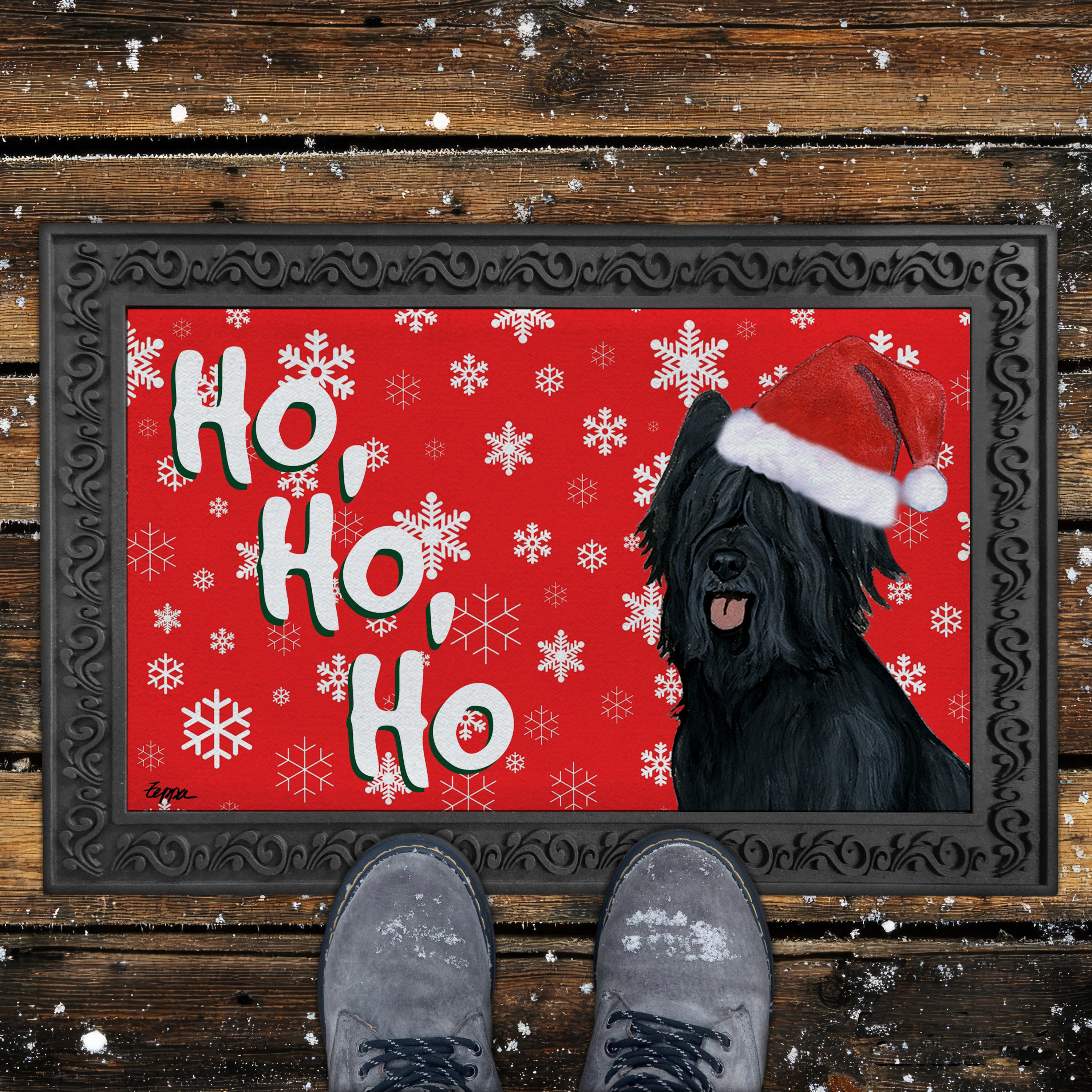 Black Briard Ho Ho Ho Doormat in Red