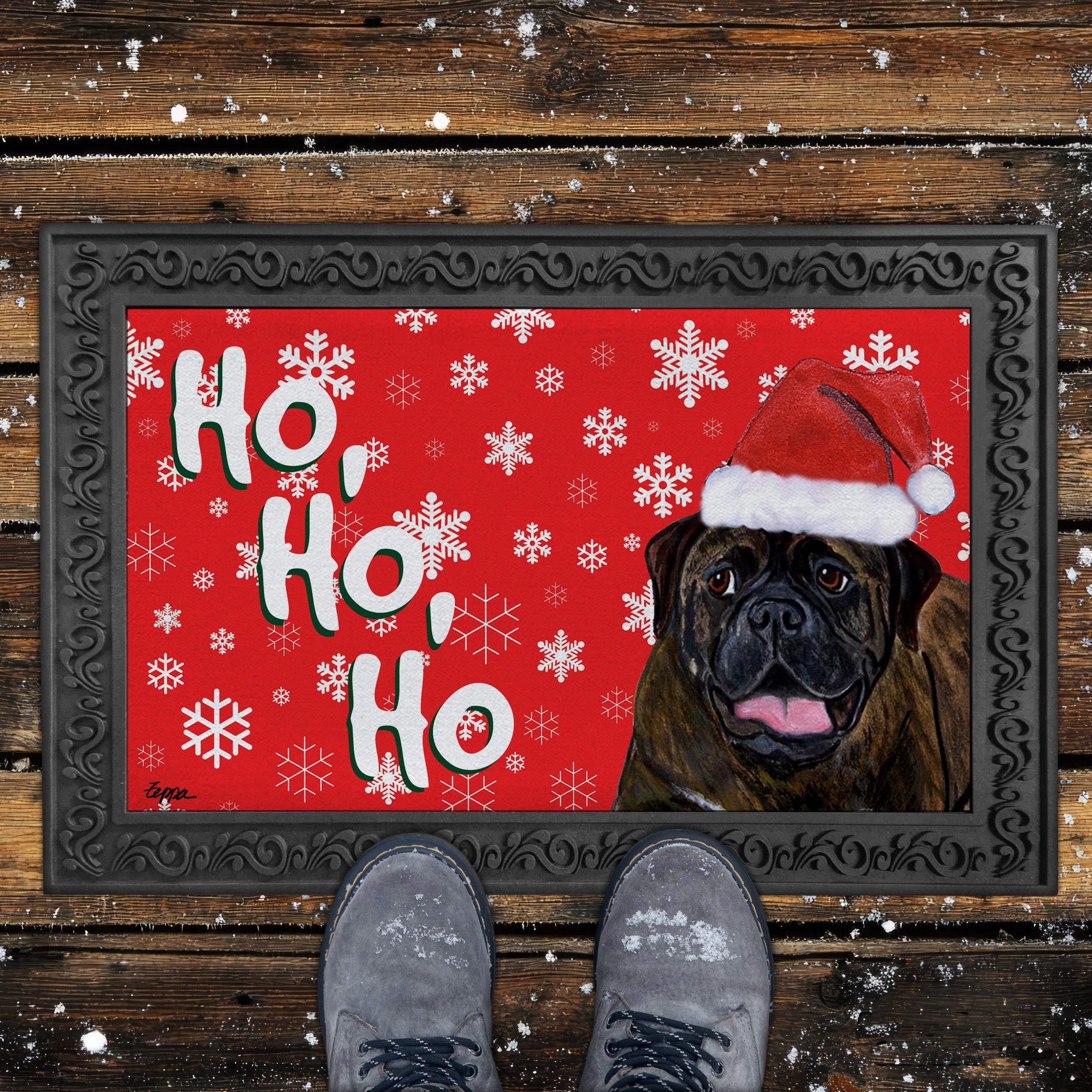Bullmastiff Ho Ho Ho Door Mat in Red