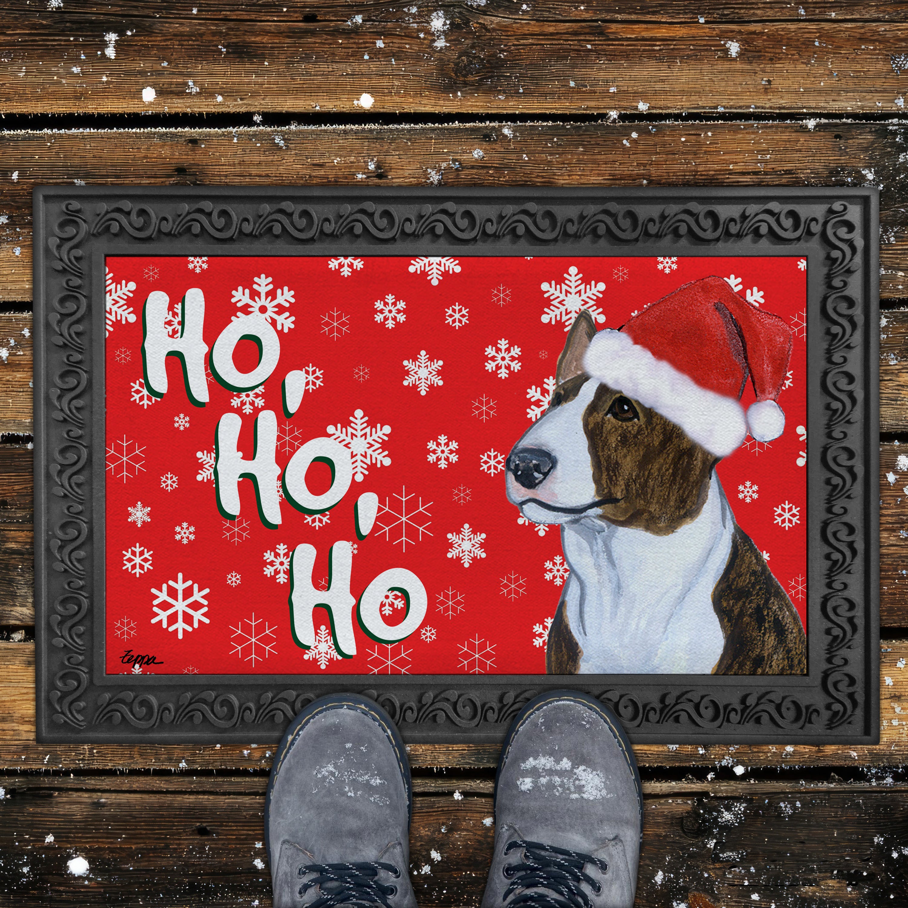 Brindle and White Bull Terrier Ho Ho Ho Door Mat in Red