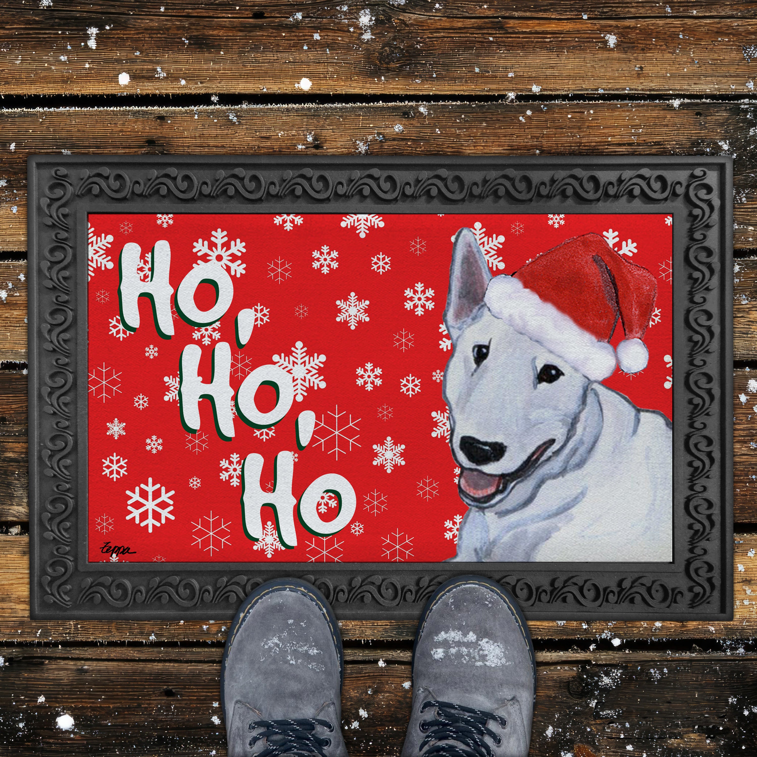 Bull Terrier Ho Ho Ho Door Mat in Red
