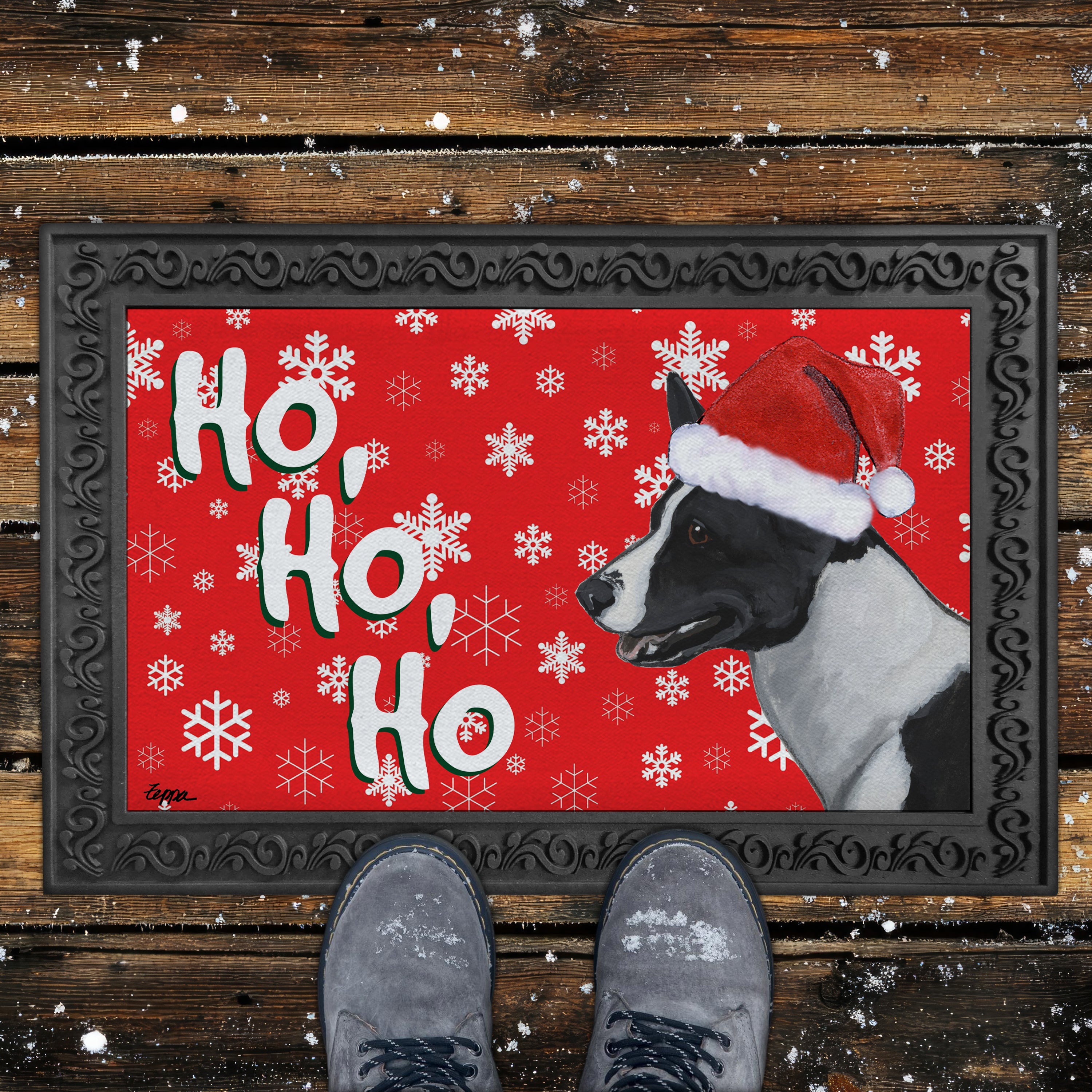 Canaan Dog Ho Ho Ho Door Mat in Red