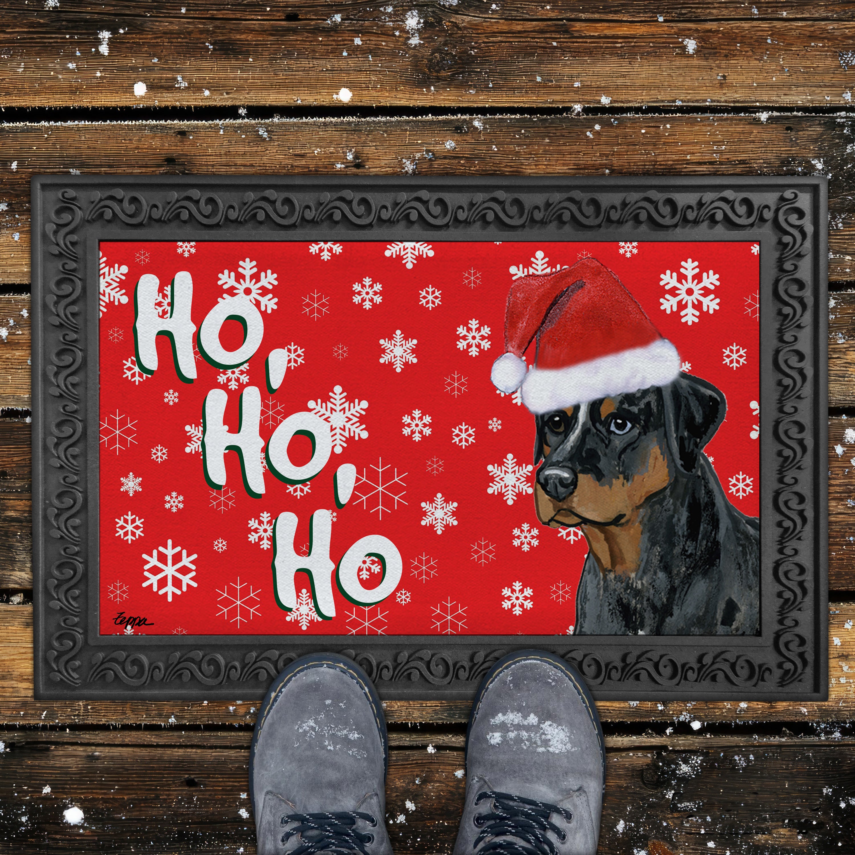 Catahoula Leopard Dog Ho Ho Ho Door Mat in Red