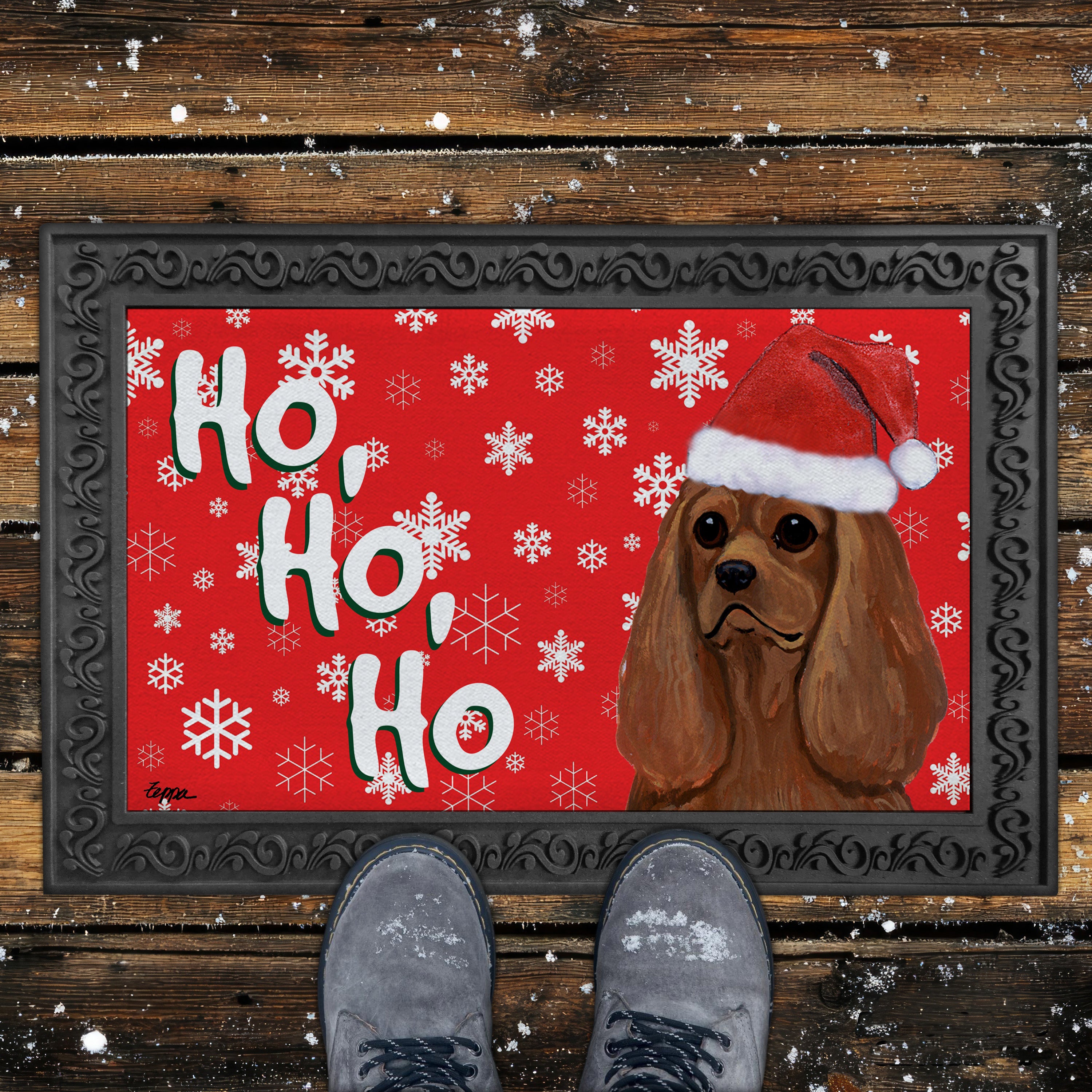 Ruby Cavalier King Charles Spaniel Ho Ho Ho Door Mat in Red