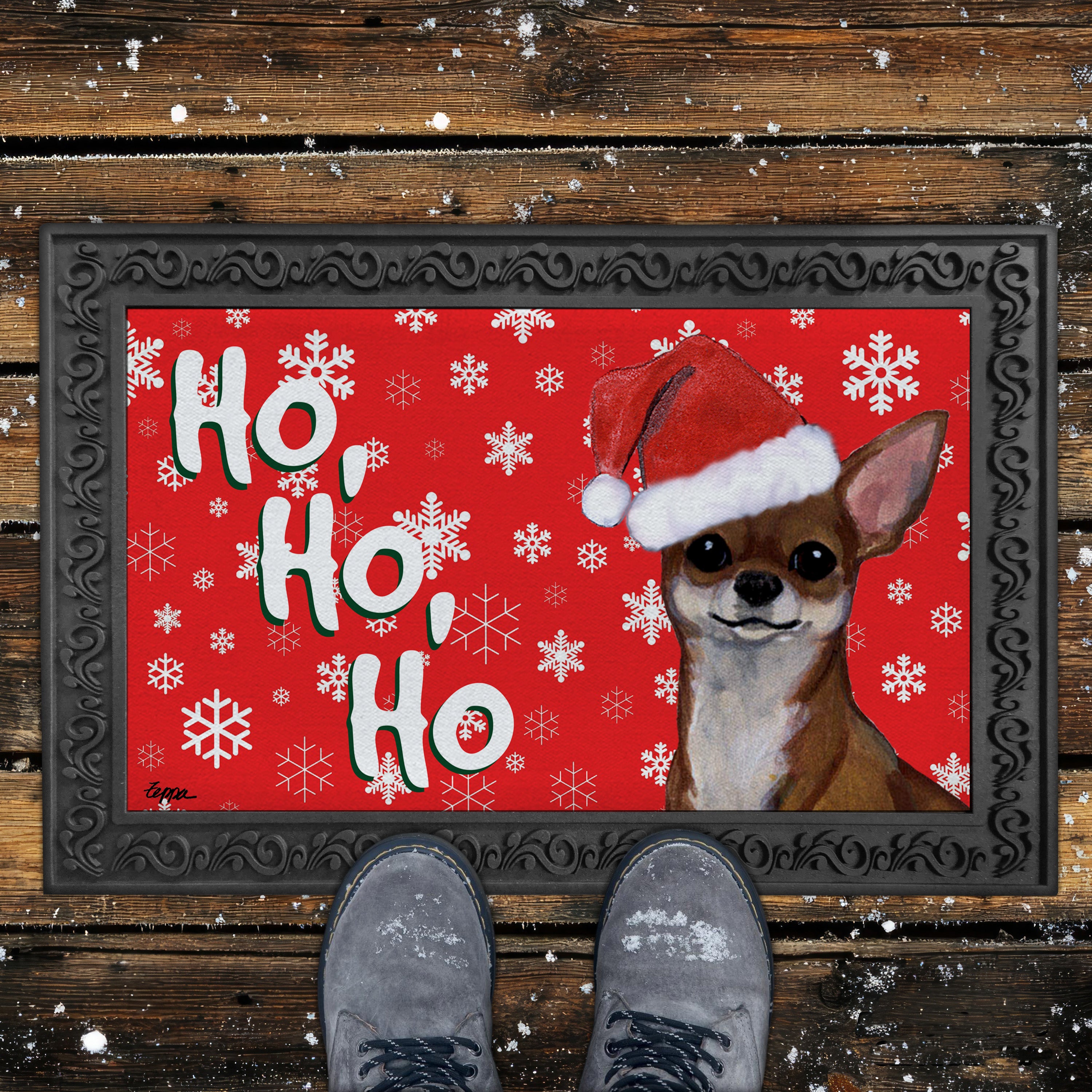 Chihuahua Ho Ho Ho Door Mat in Red