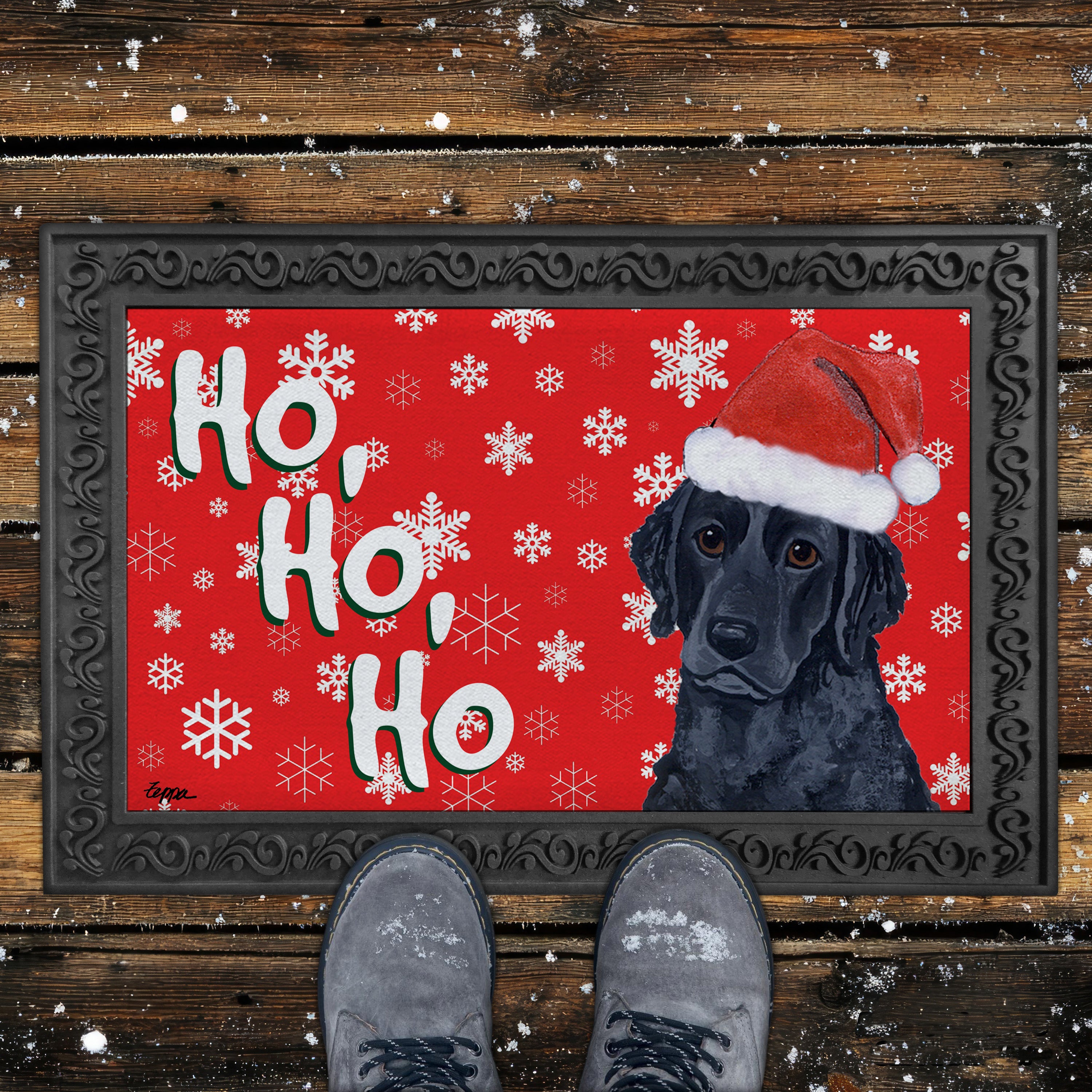 Curly Coated Retriever Ho Ho Ho Door Mat in Red