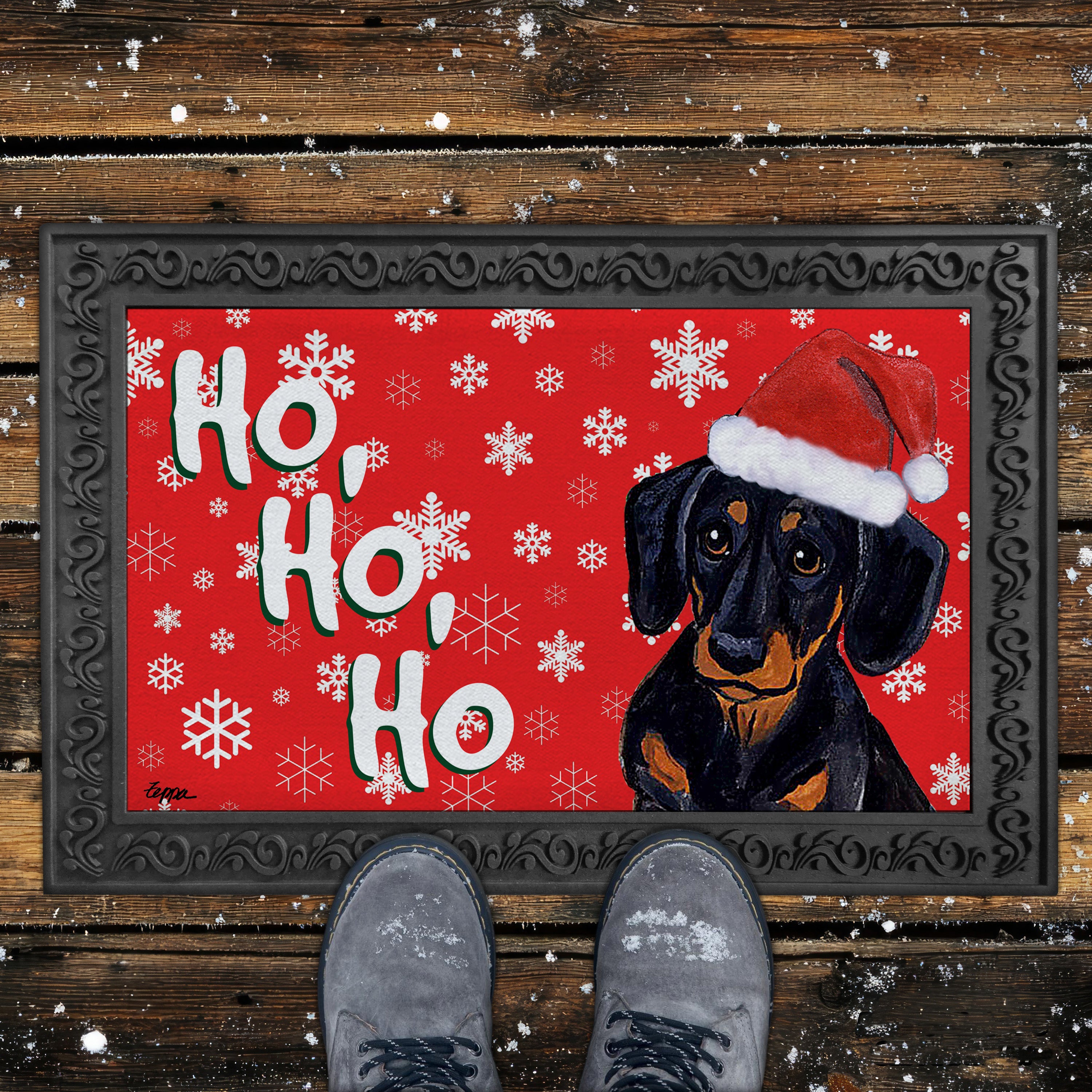 Dachshund Ho Ho Ho Door Mat in Red