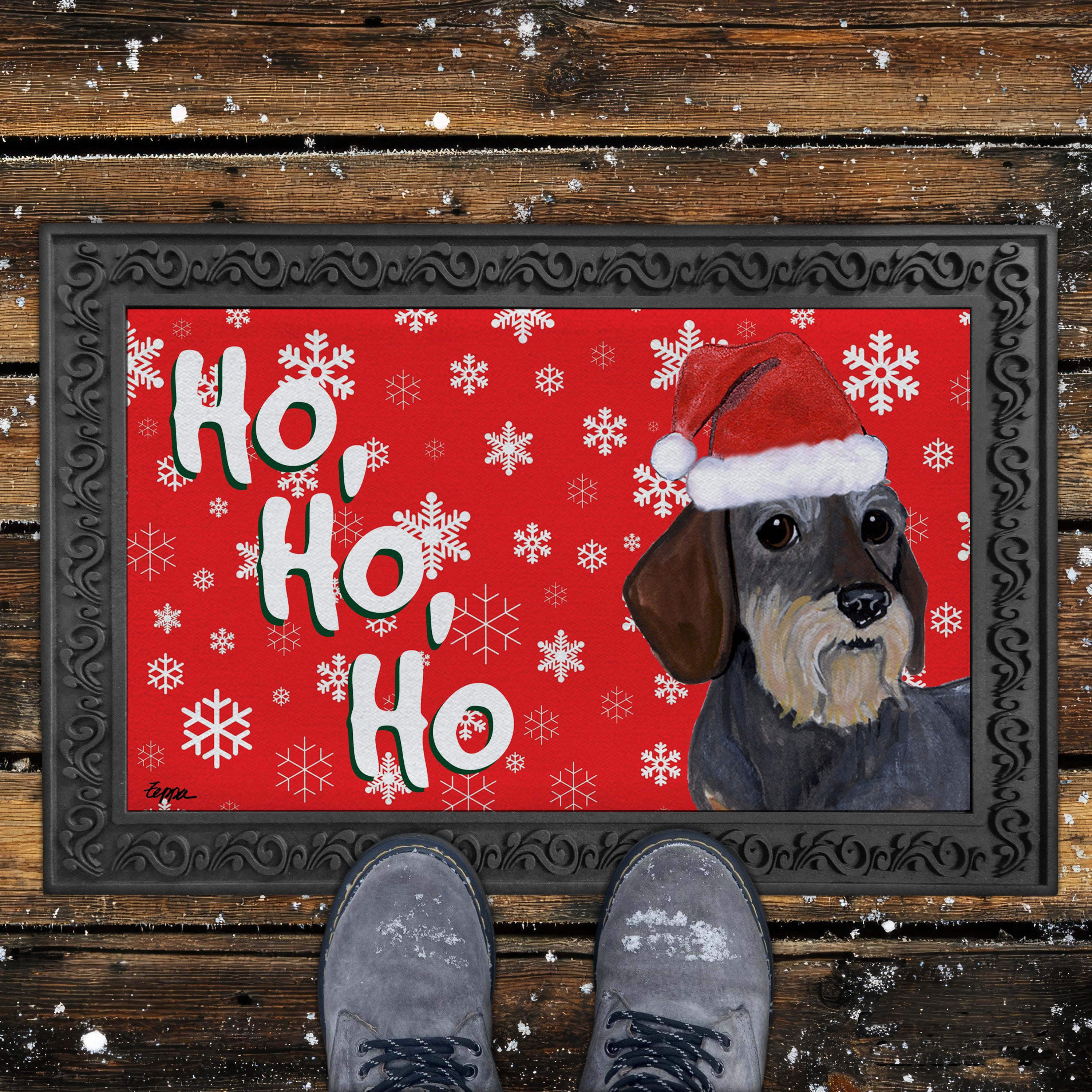 Wirehaired Dachshund Ho Ho Ho Door Mat in Red