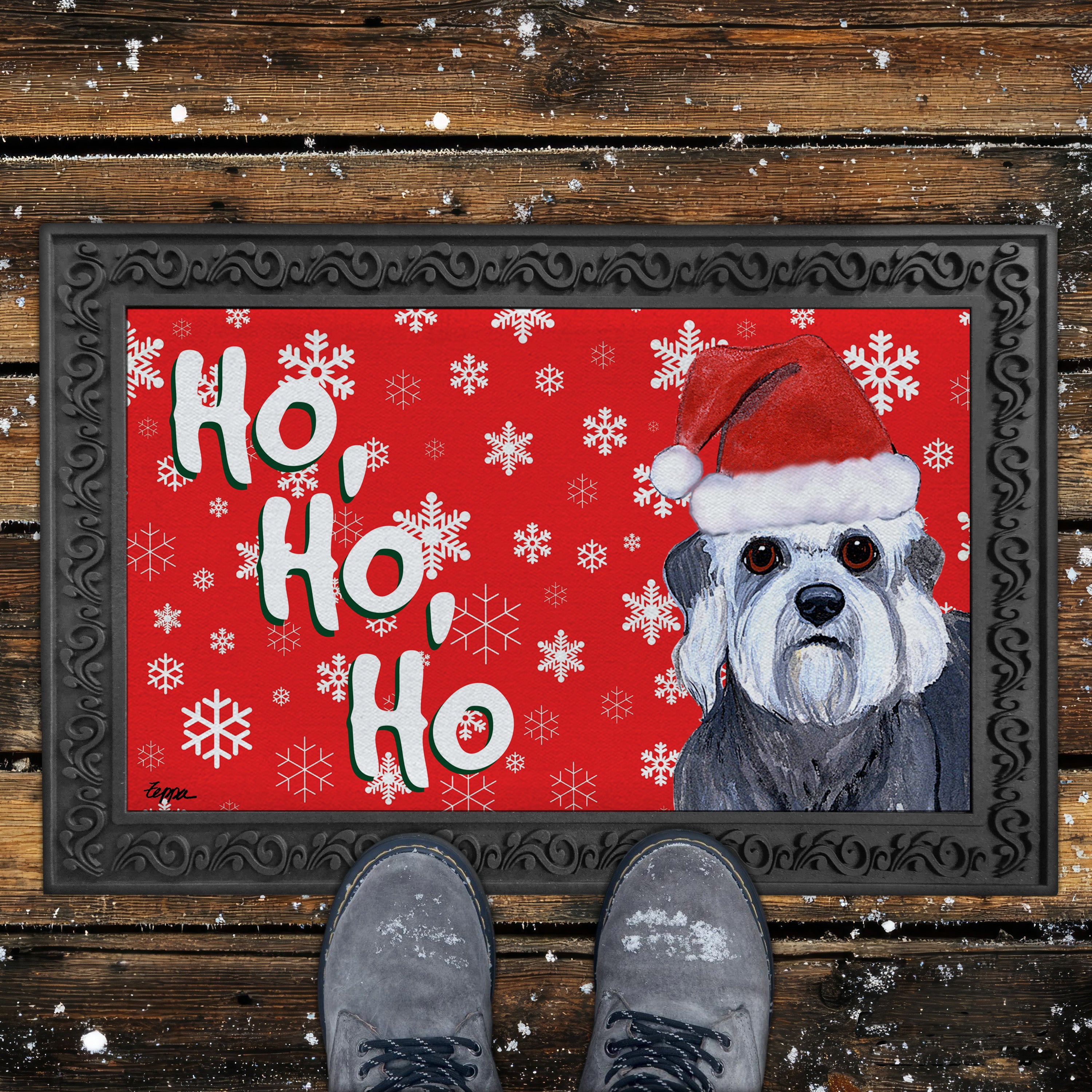 Dandi Dinmont Terrier Ho Ho Ho Door Mat in Red