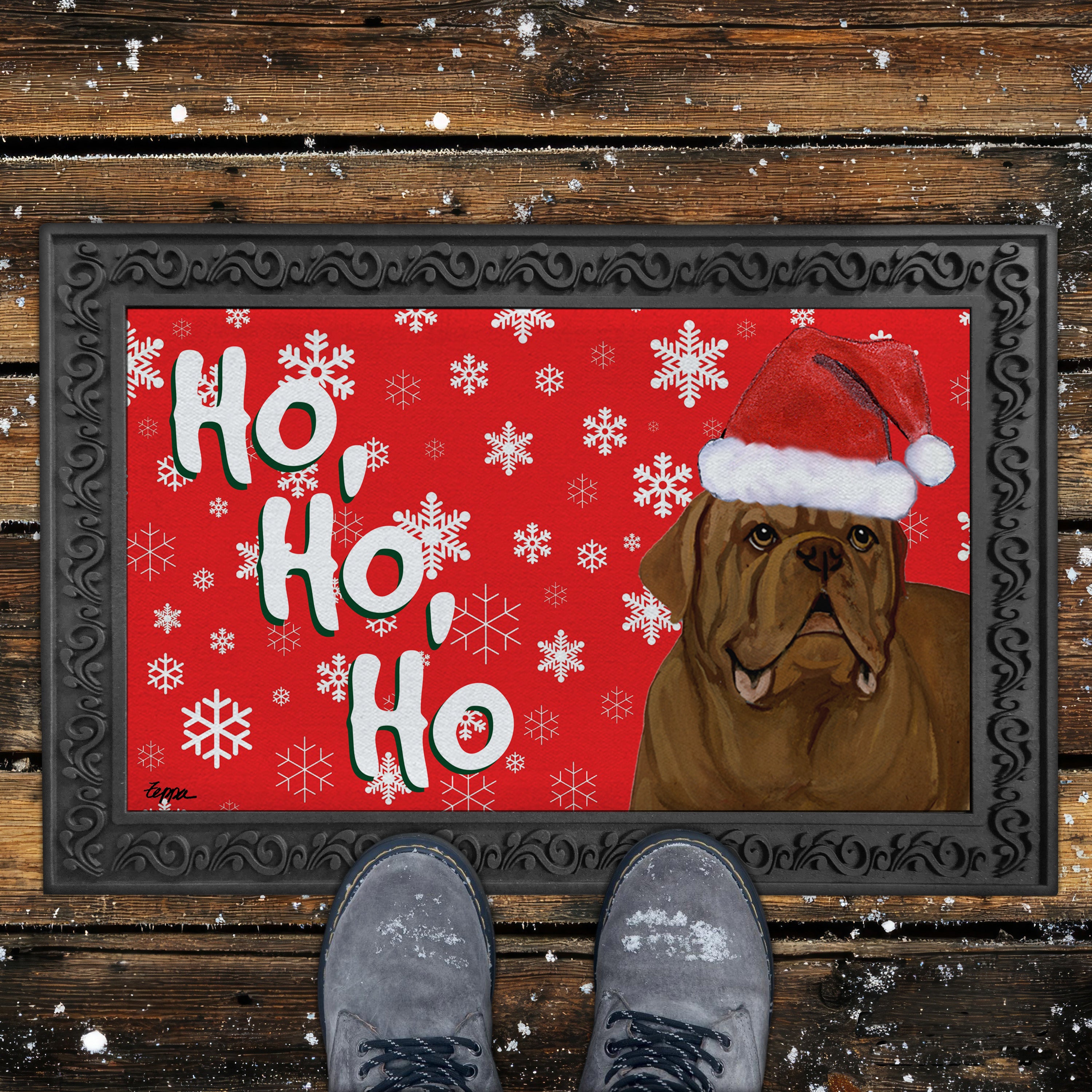 Dogue de Bordeaux Ho Ho Ho Door Mat in Red