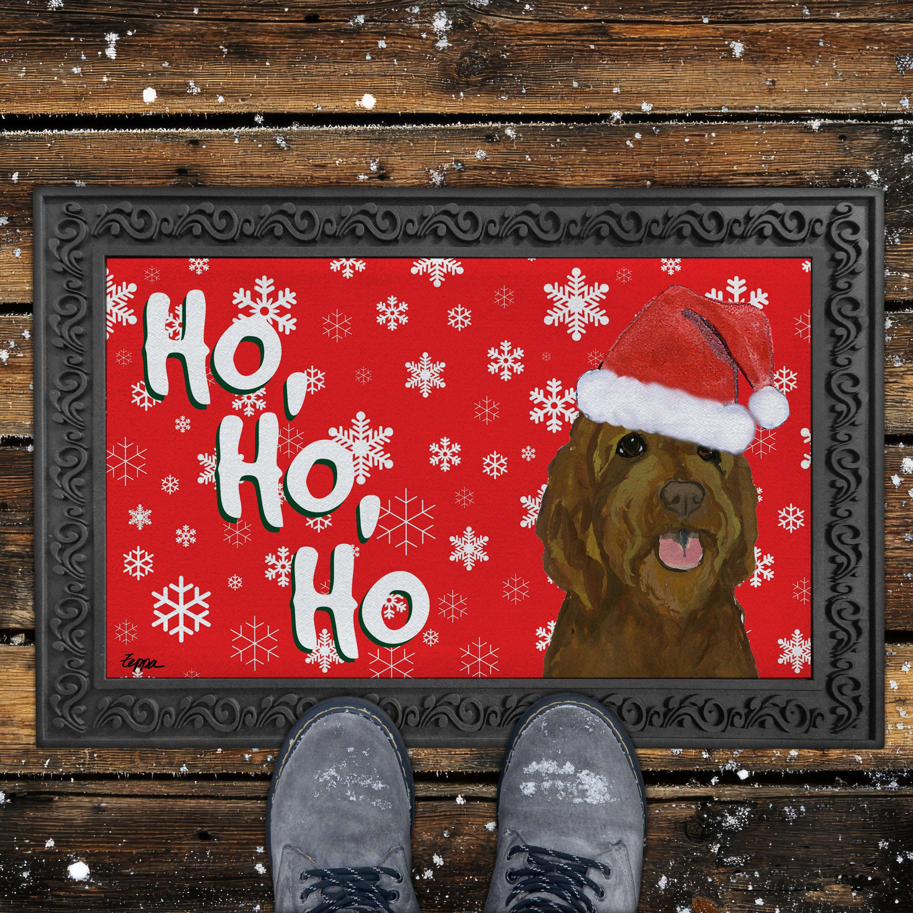 Brown Labradoodle Ho Ho Ho Door Mat in Red