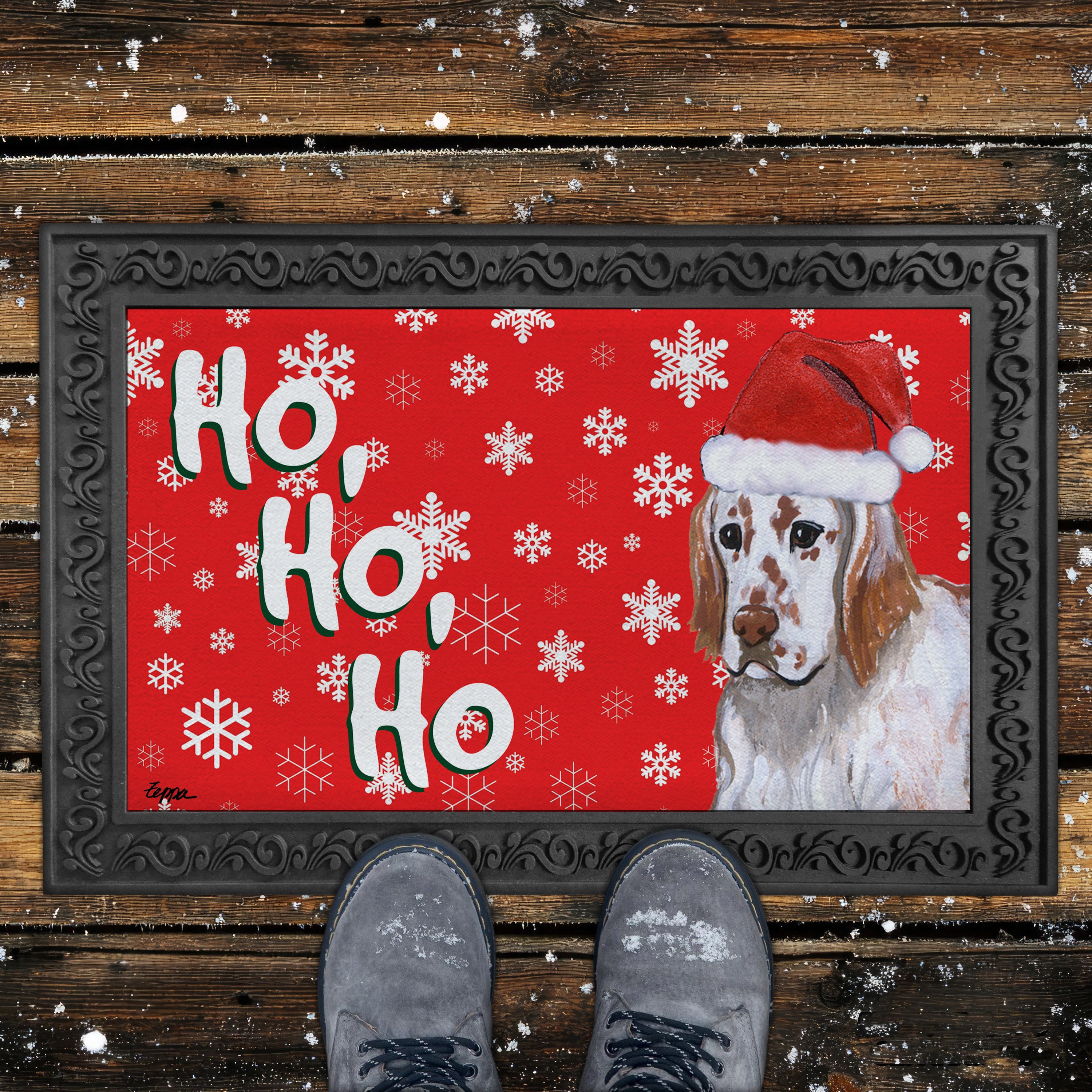 Red Belton English Setter Ho Ho Ho Door Mat in Red