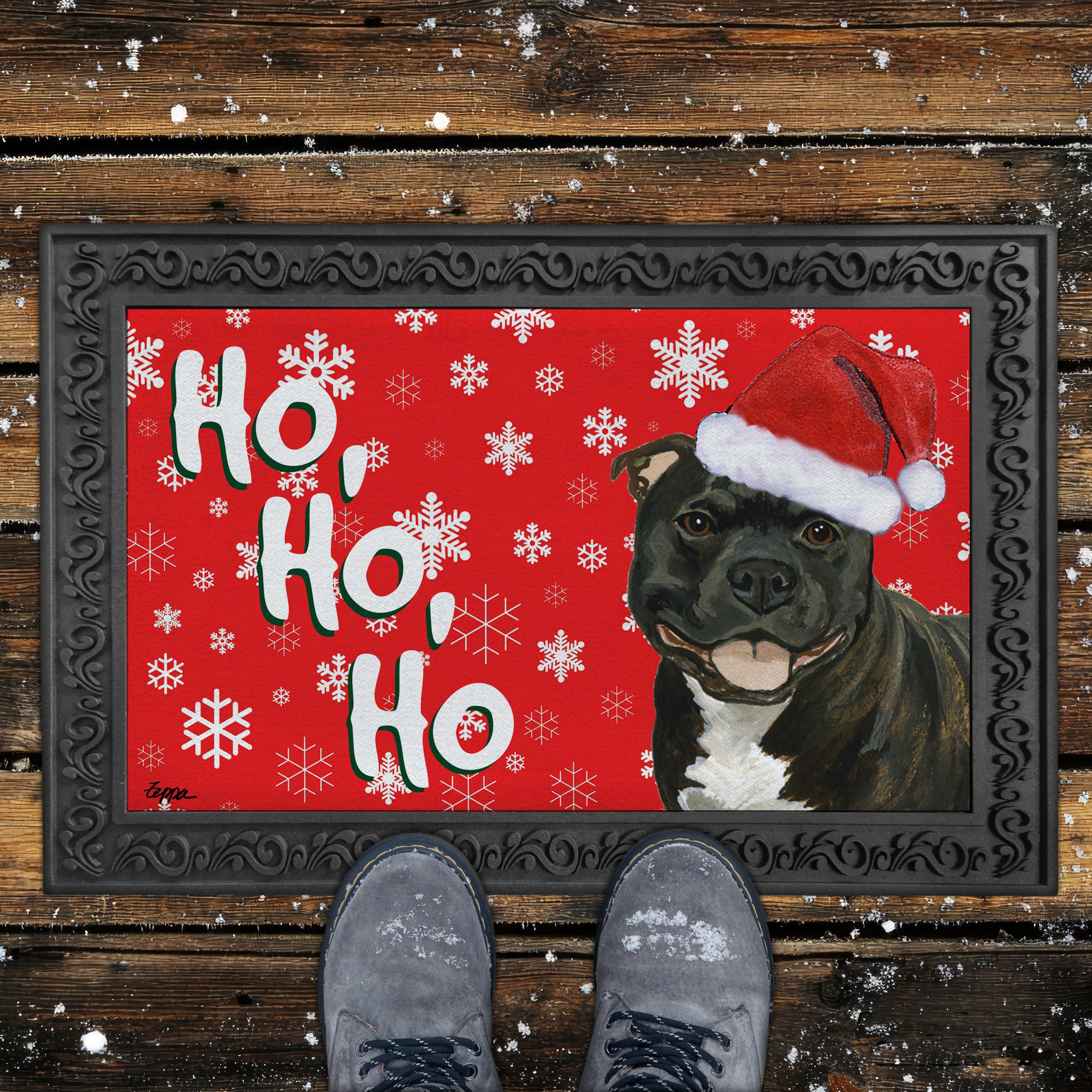 Brindle Staffordshire Bull Terrier Ho Ho Ho Door Mat in Red