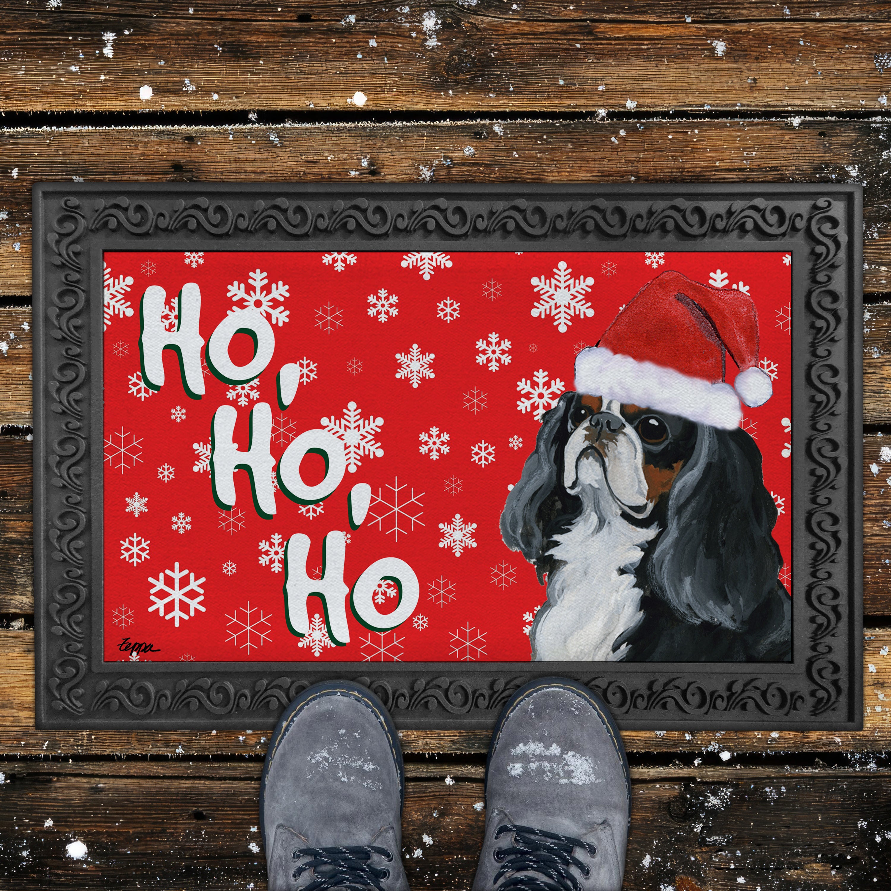 Tri Color English Toy Spaniel Ho Ho Ho Door Mat in Red
