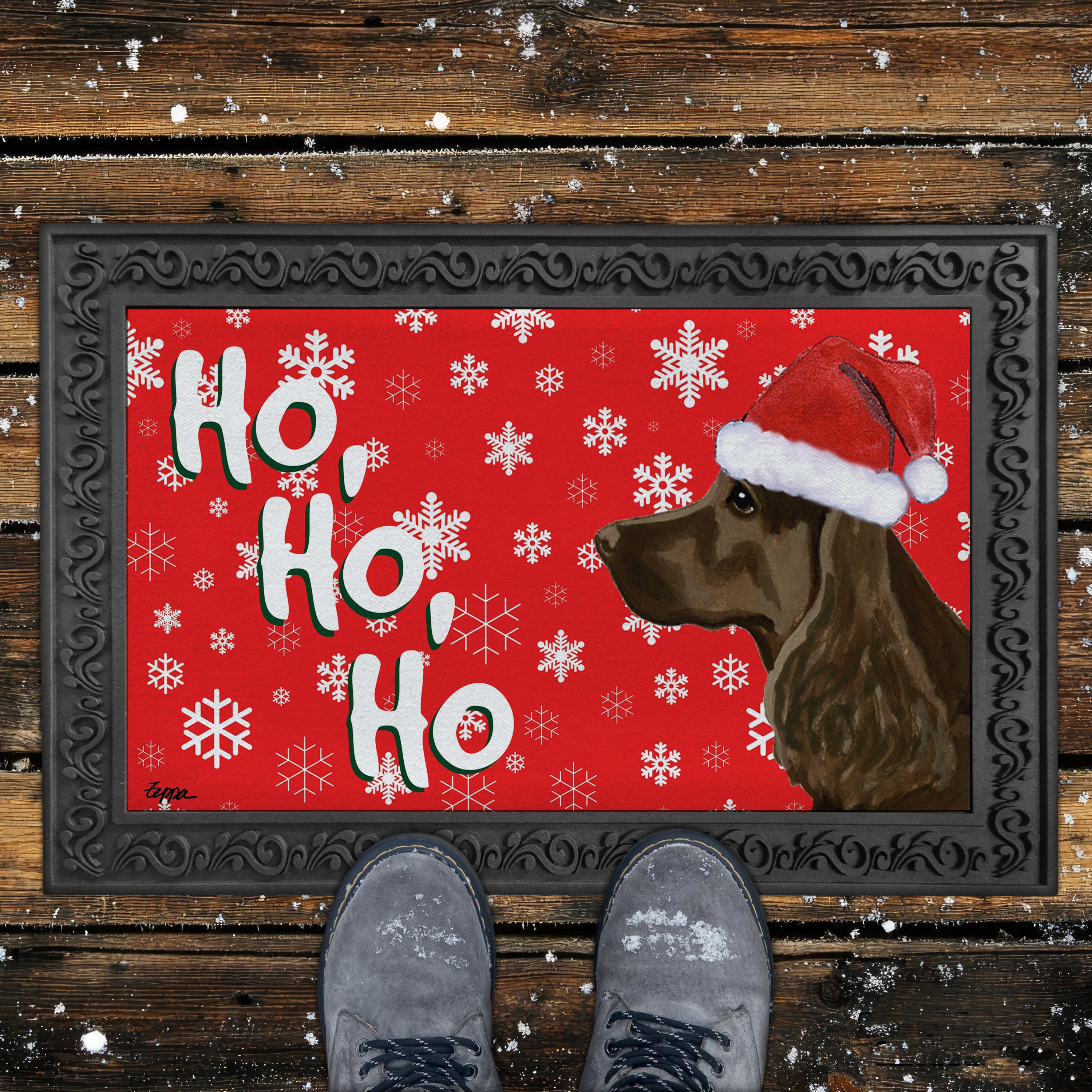 Field Spaniel Ho Ho Ho Door Mat in Red
