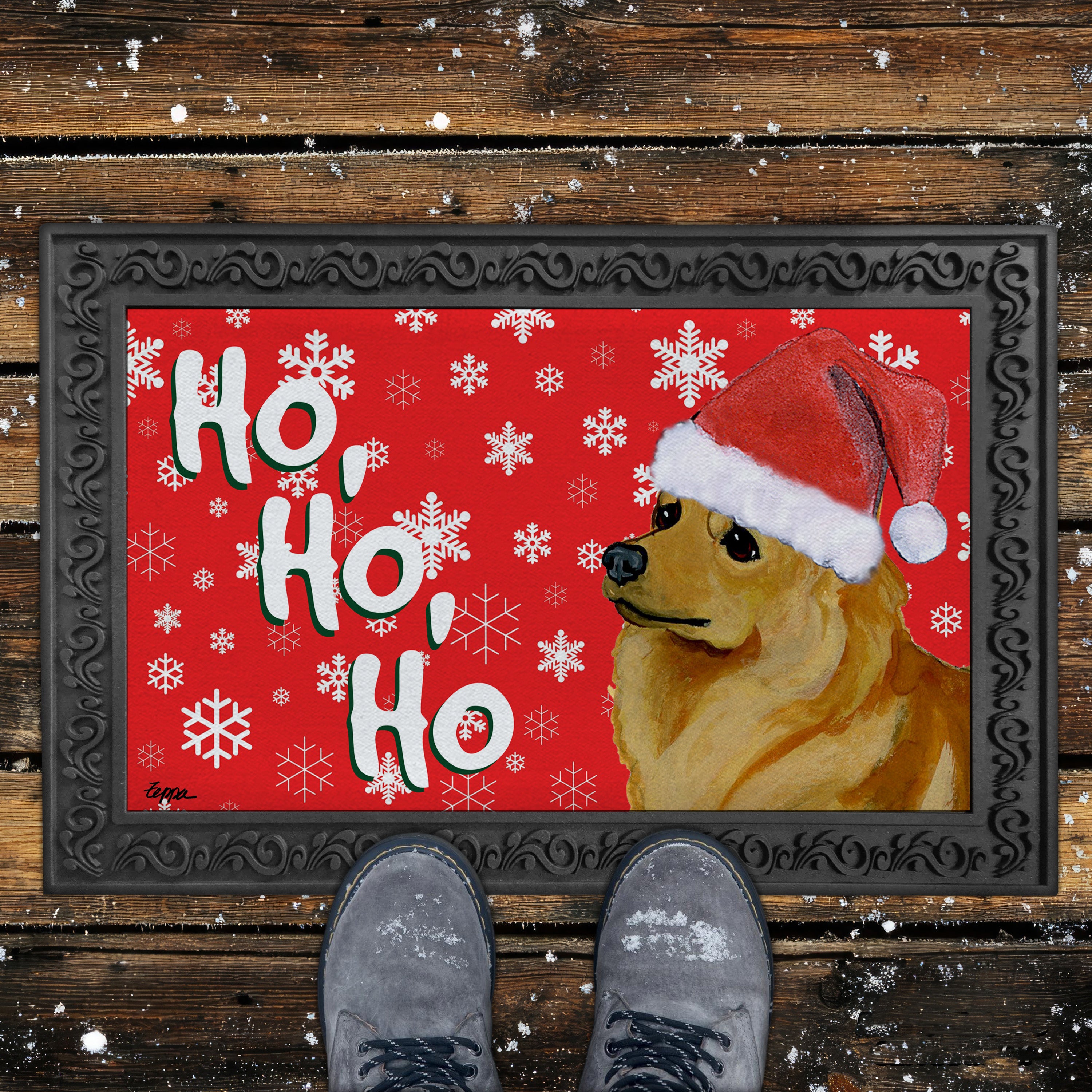 Finnish Spitz Ho Ho Ho Doormat in Red