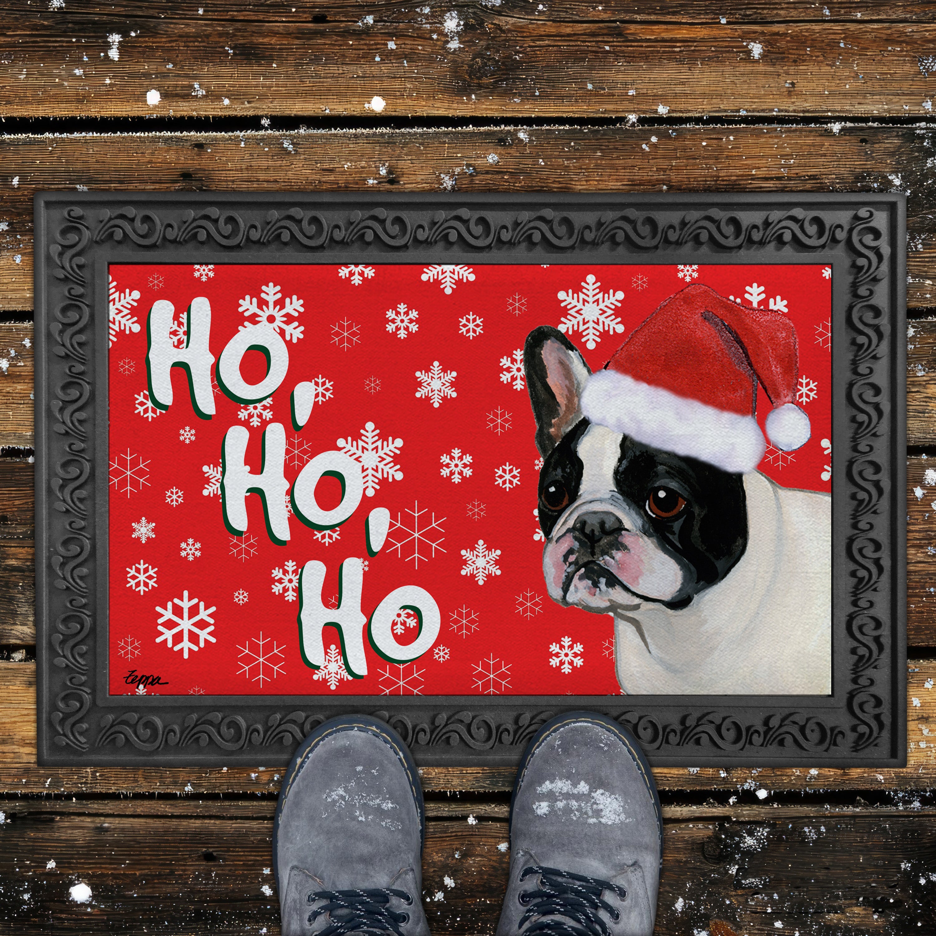 Black and White French Bulldog Ho Ho Ho Door Mat in Red