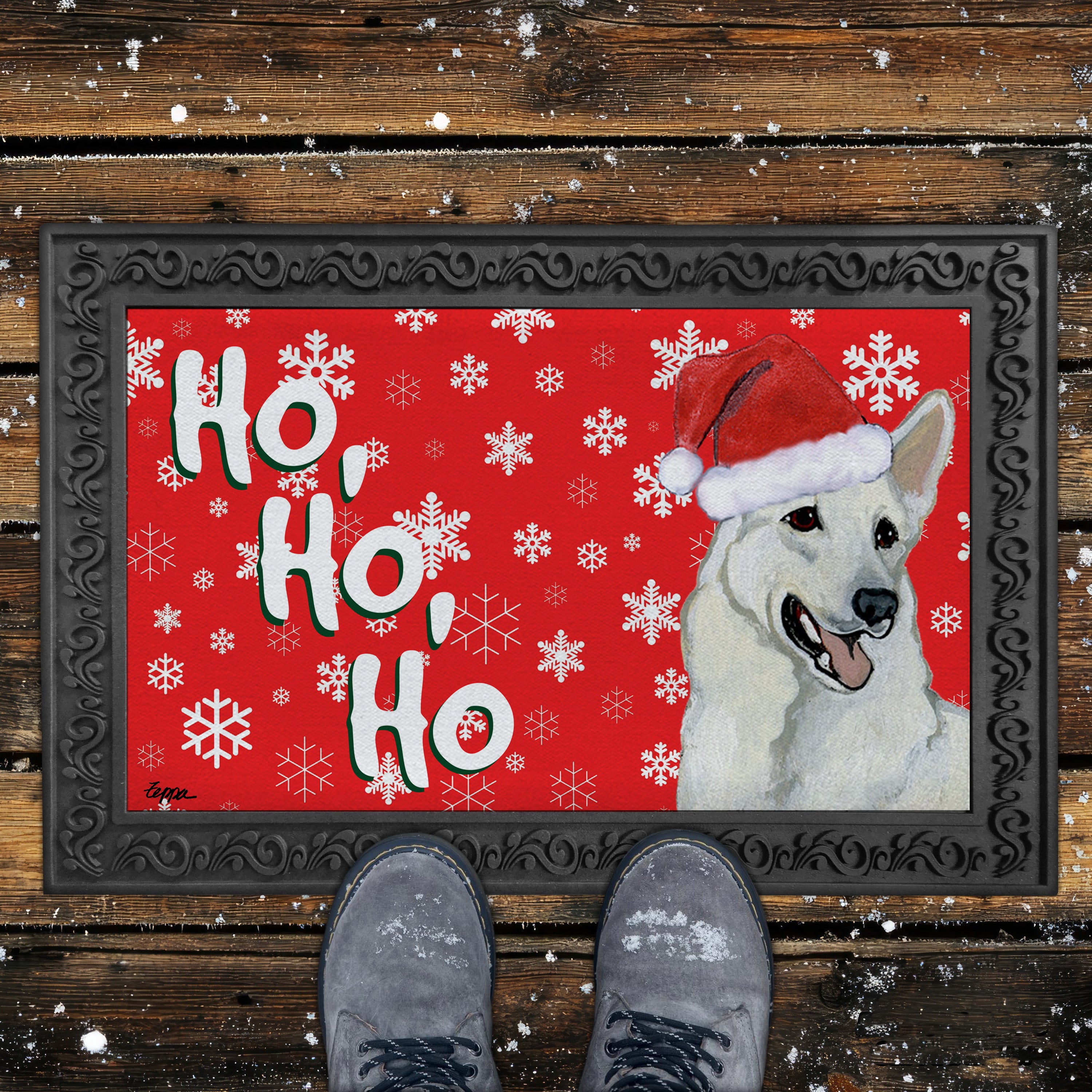 White German Shepherd Ho Ho Ho Door Mat in Red