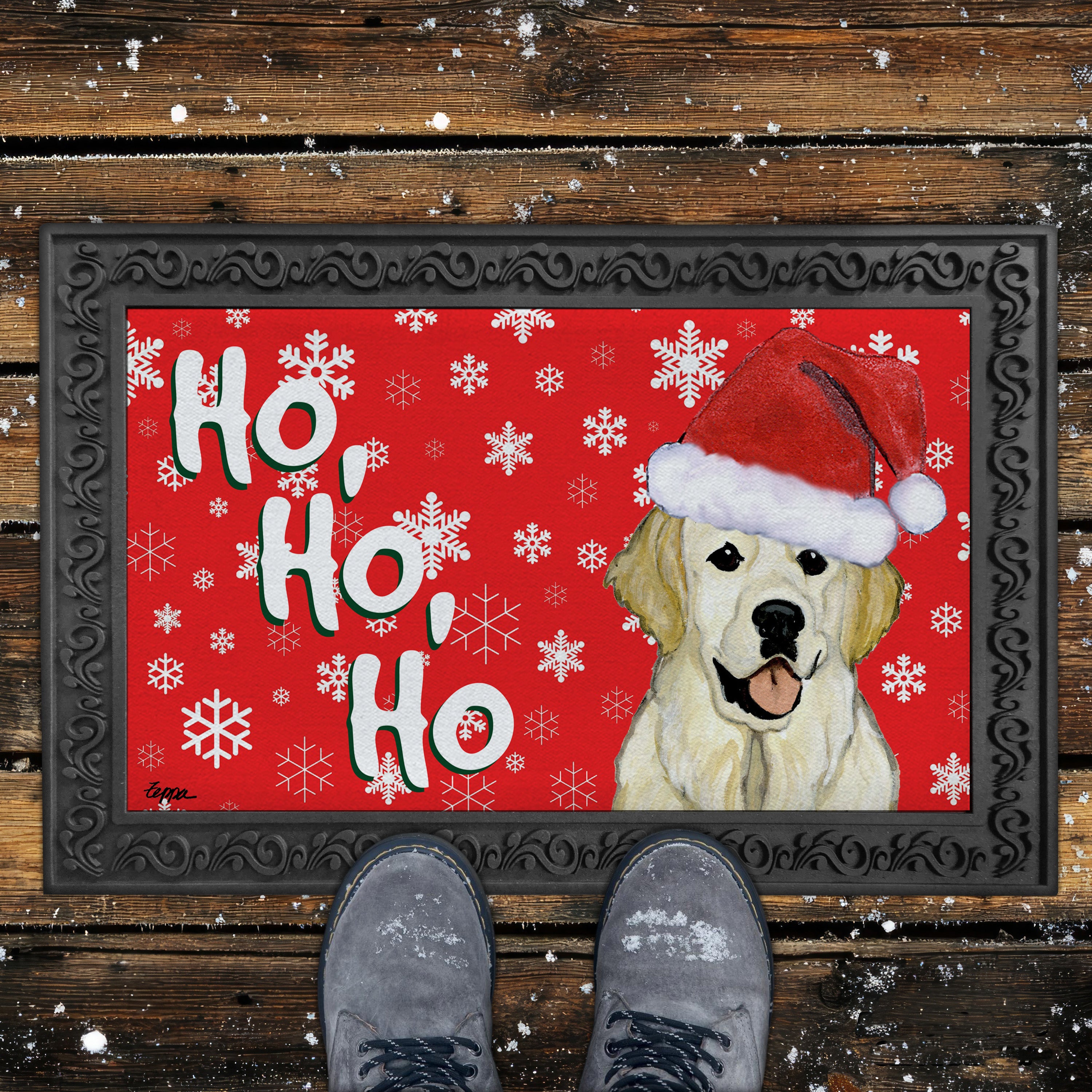 English Cream Golden Retriever Ho Ho Ho Door Mat in Red