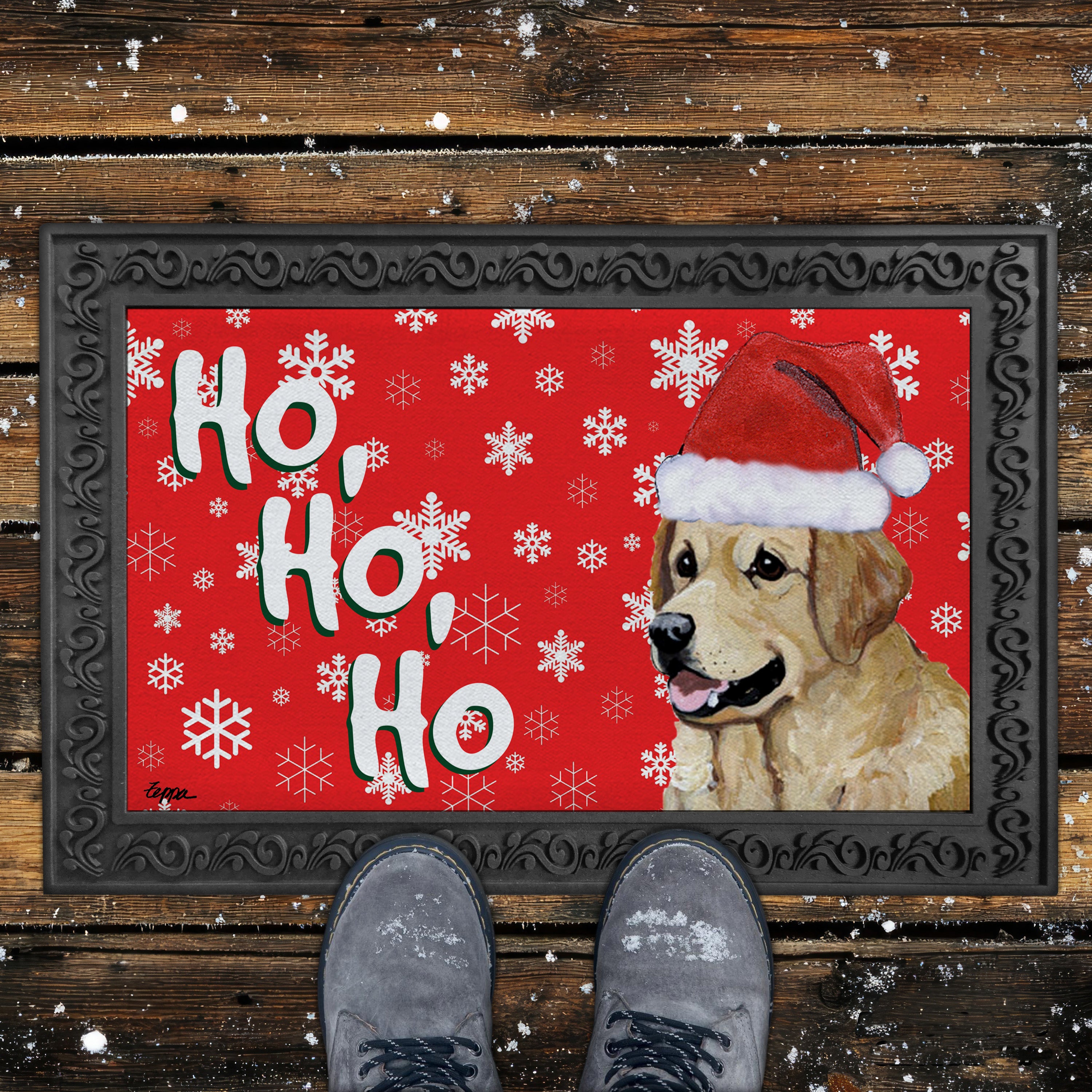 Golden Retriever Ho Ho Ho Door Mat in Red