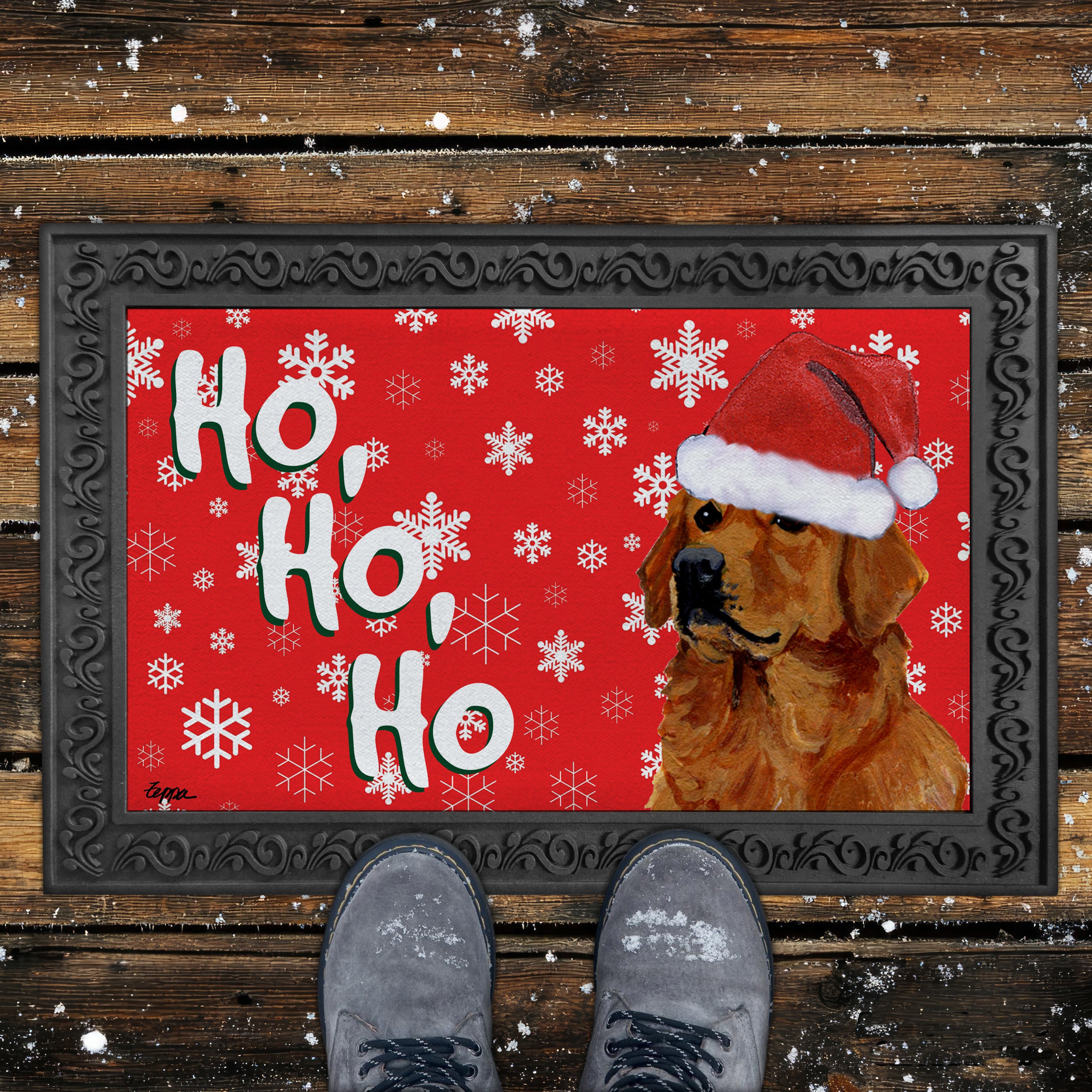 Red Golden Retriever Ho Ho Ho Door Mat in Red