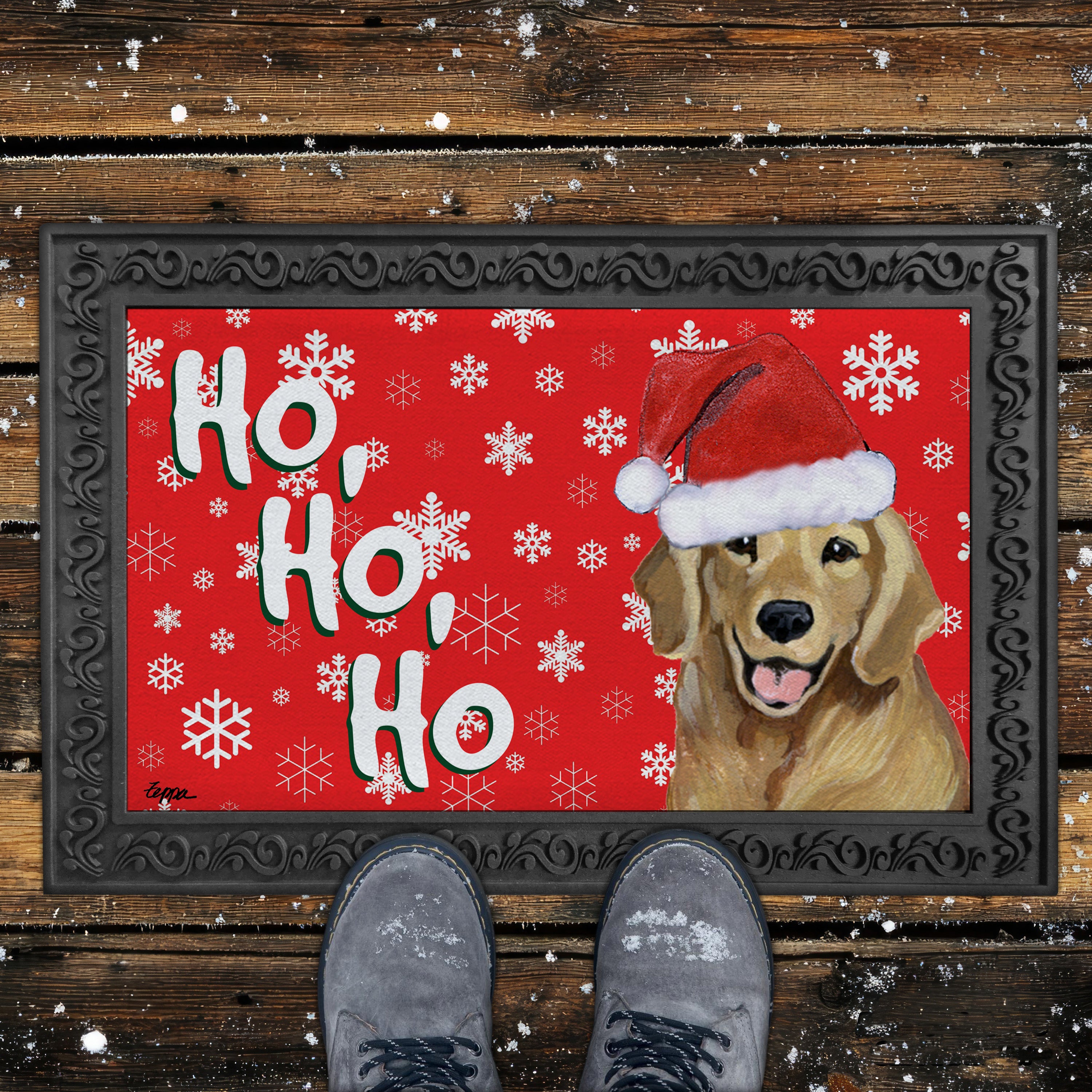 Smiling Golden Retriever Ho Ho Ho Door Mat in Red