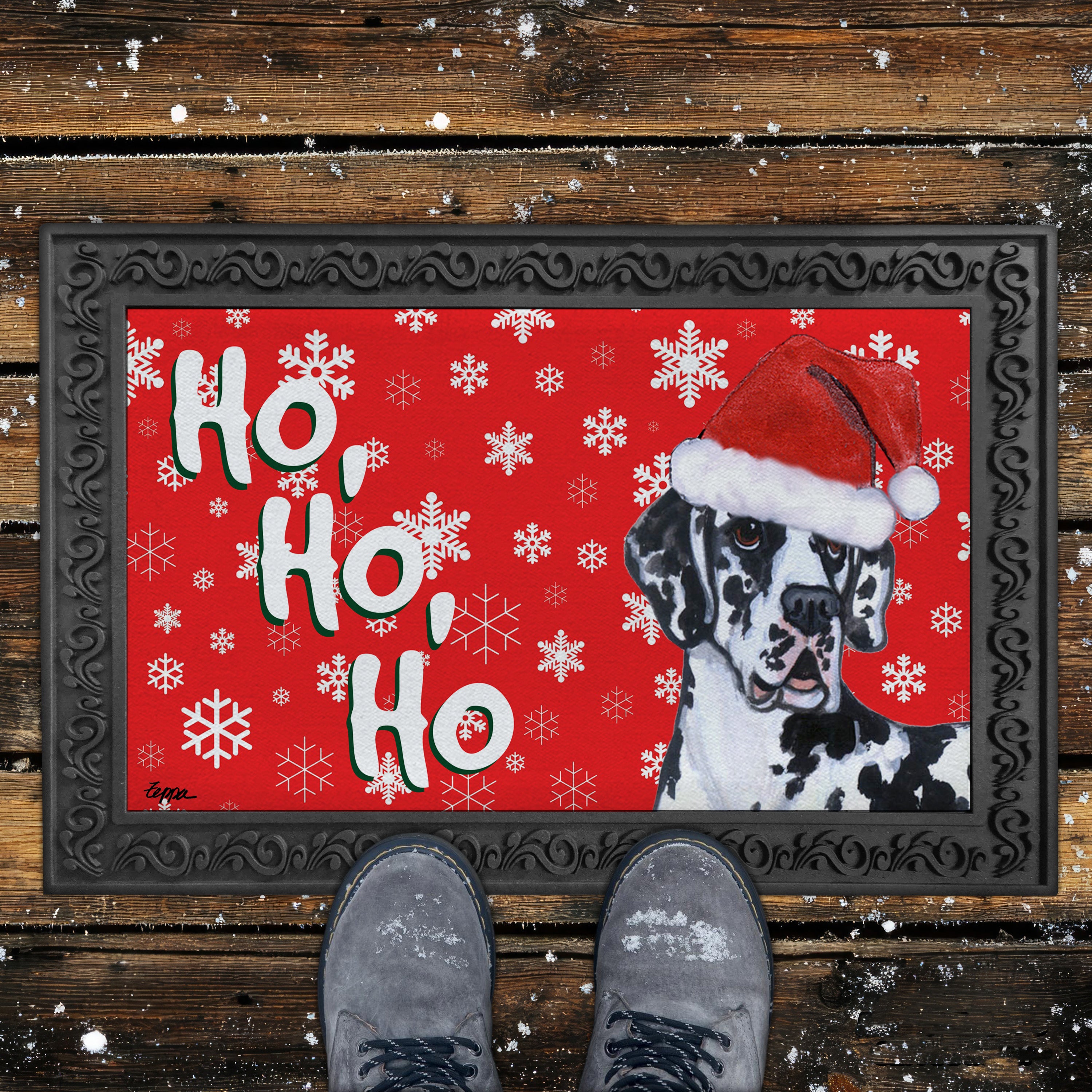 Harlequin Great Dane Ho Ho Ho Door Mat in Red