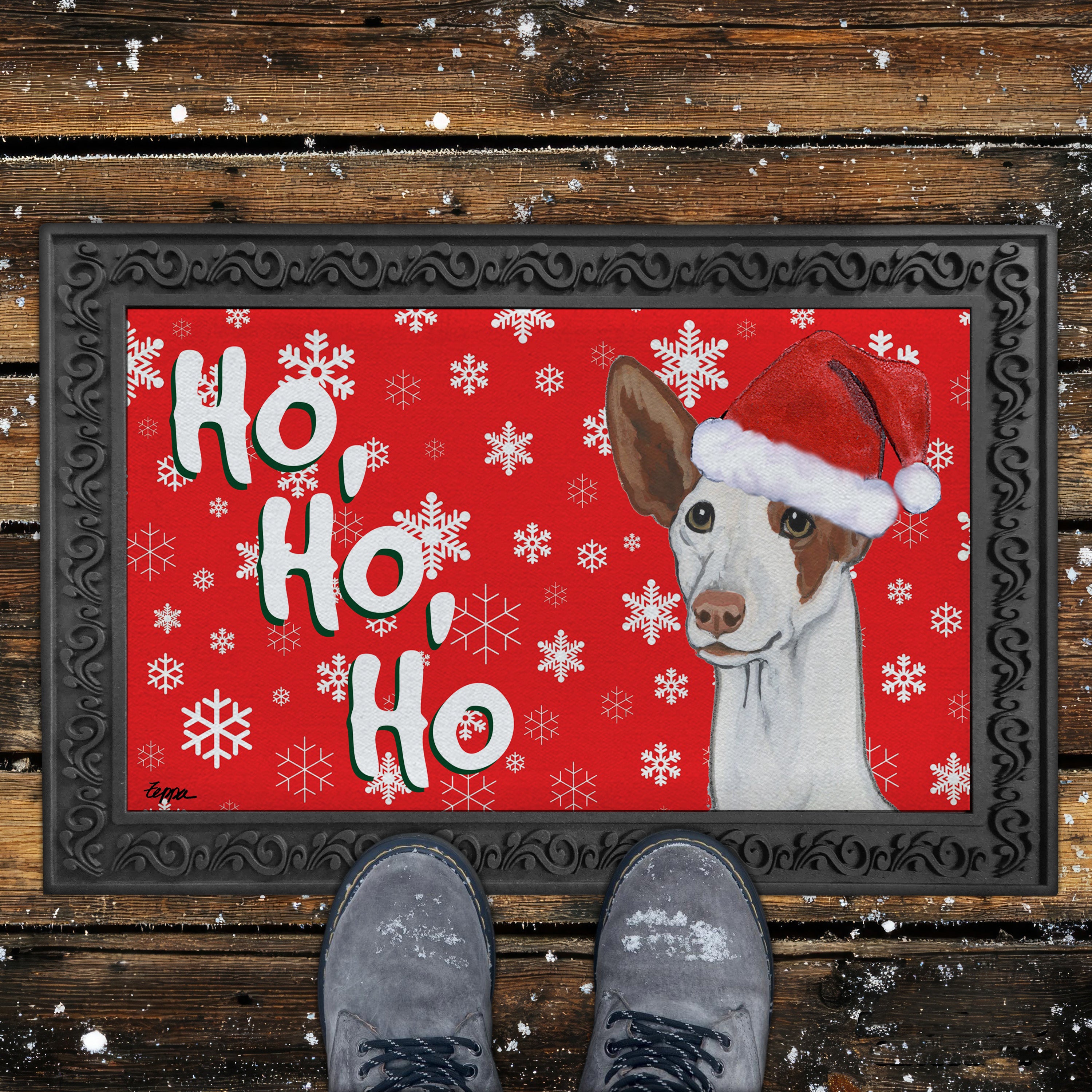 Ibizan Hound Ho Ho Ho Door Mat in Red