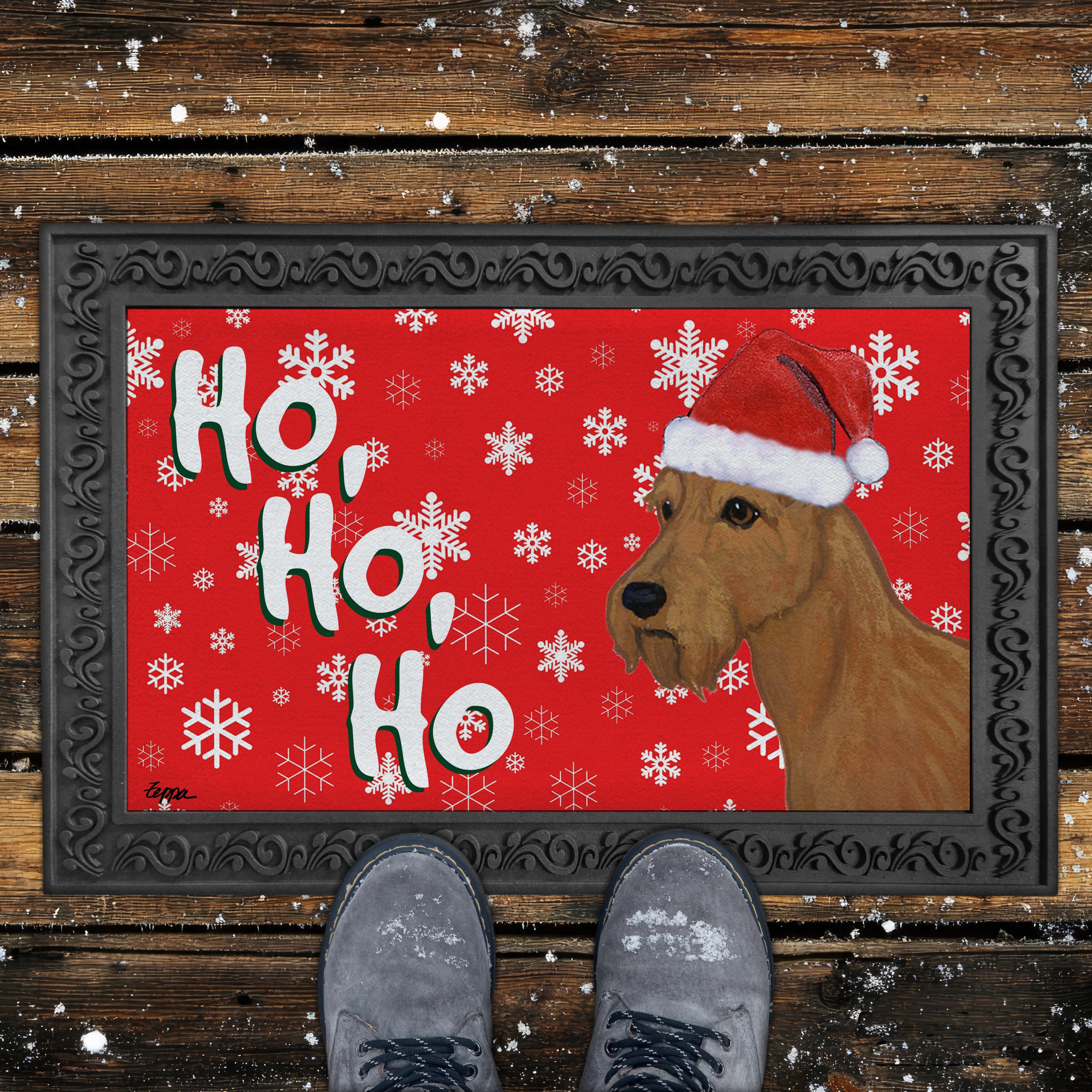 Irish Terrier Ho Ho Ho Door Mat in Red