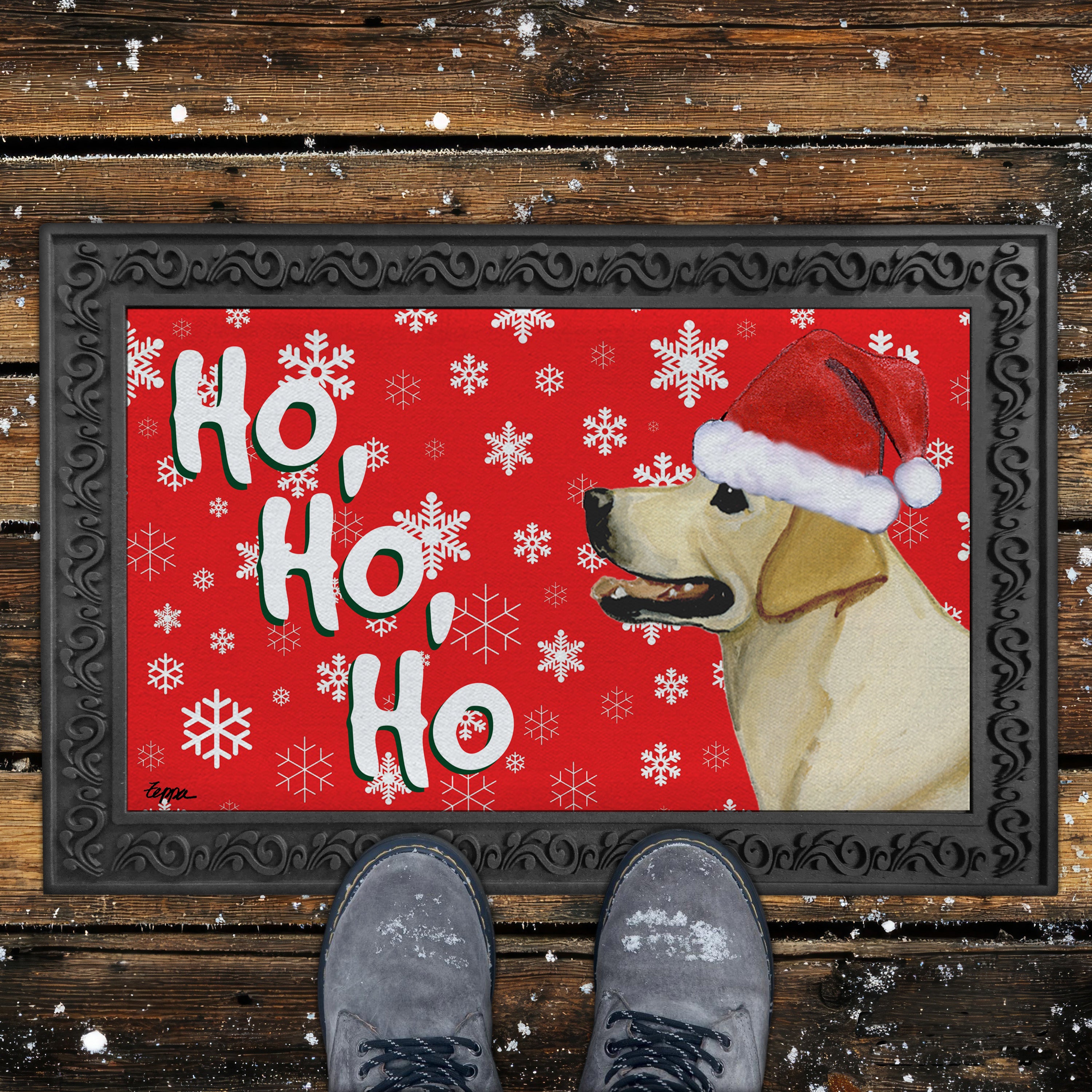 Standing Yellow Lab Ho Ho Ho Door Mat in Red