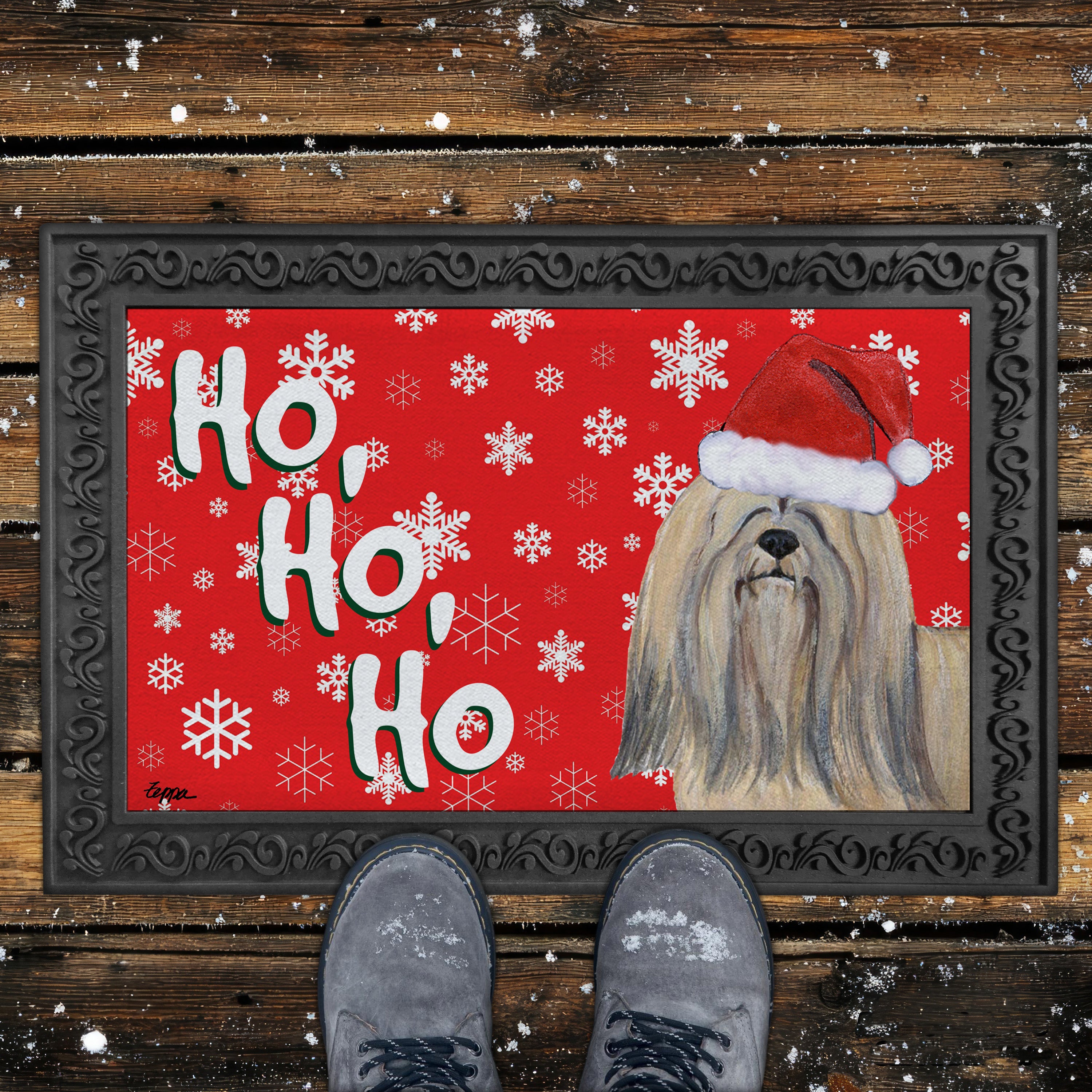 Lhasa Apso Ho Ho Ho Door Mat in Red