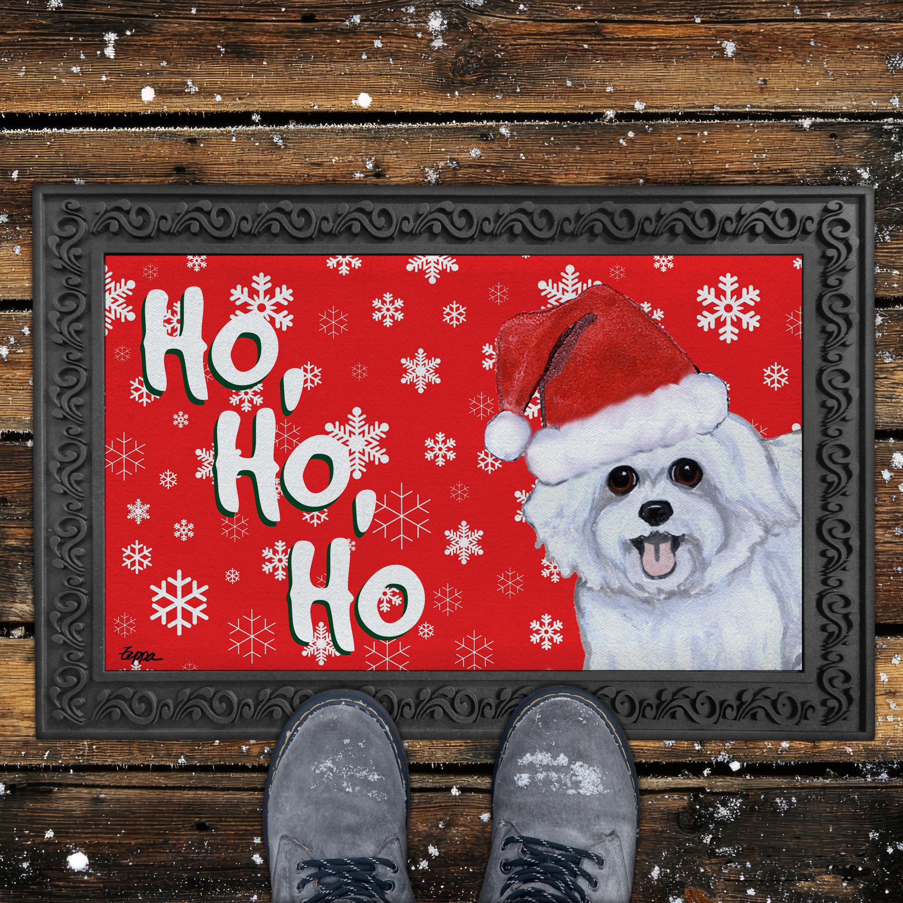 Puppy Clip Maltese Ho Ho Ho Door Mat in Red