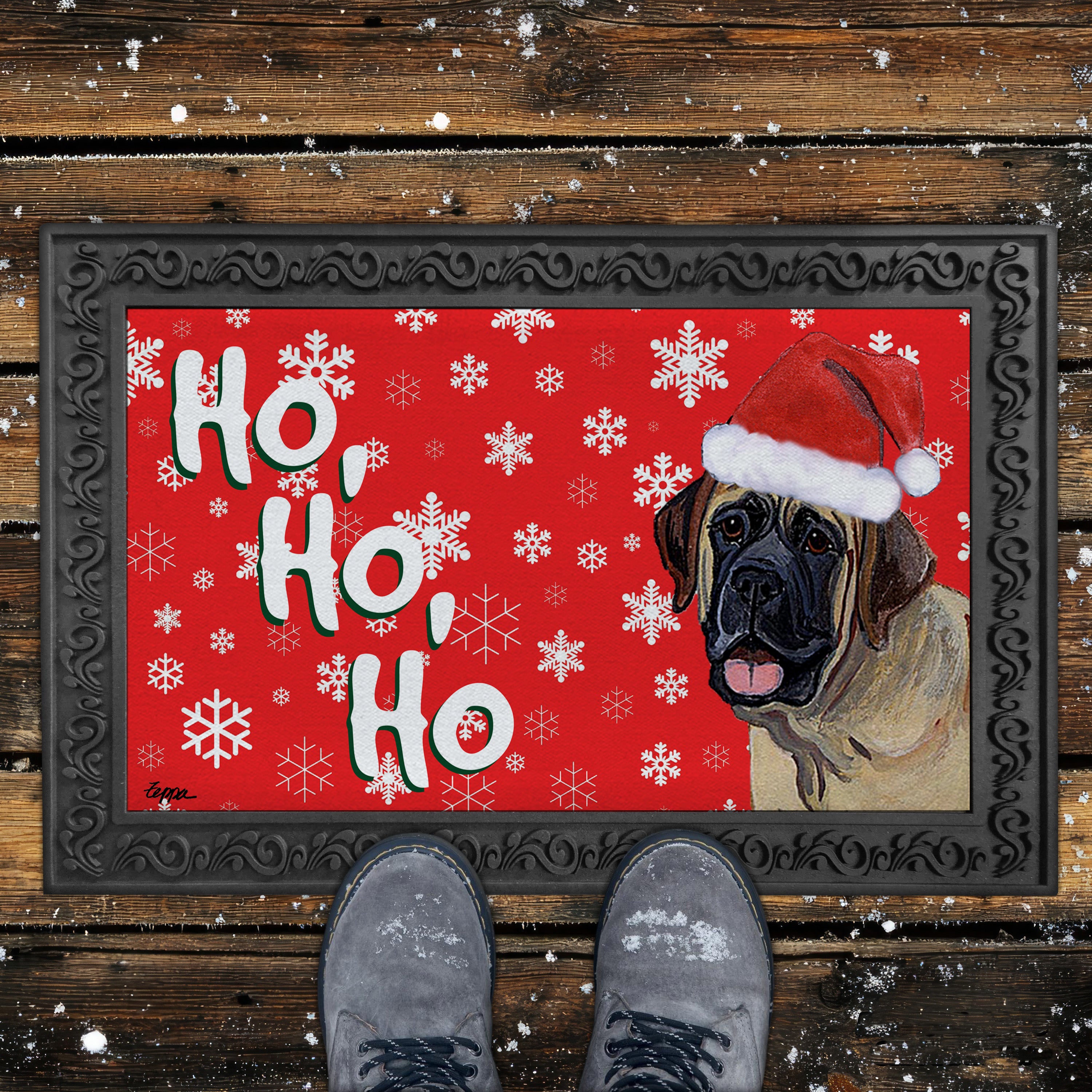 Mastiff Ho Ho Ho Door Mat in Red