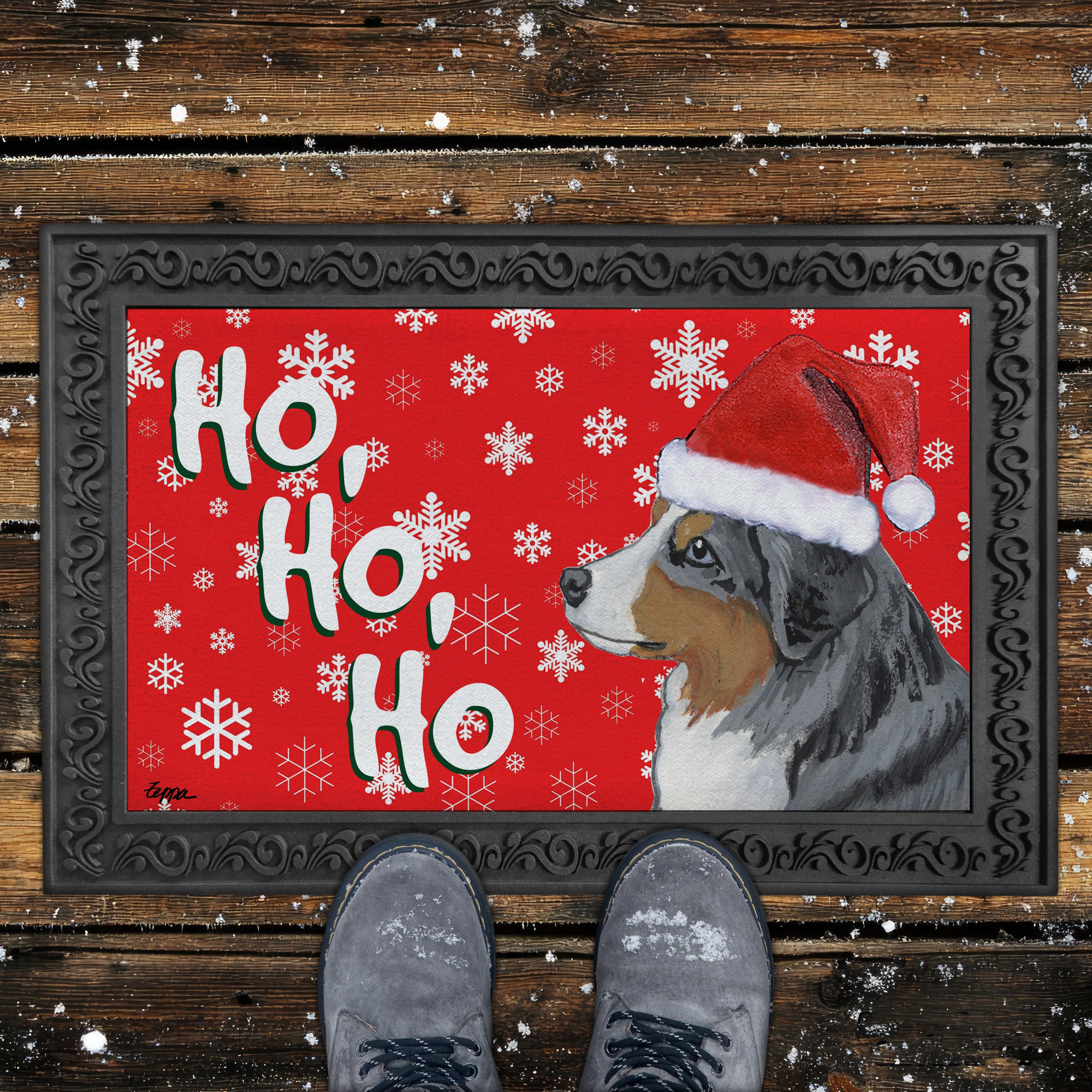 Miniature American Shepherd Ho Ho Ho Door Mat in Red.