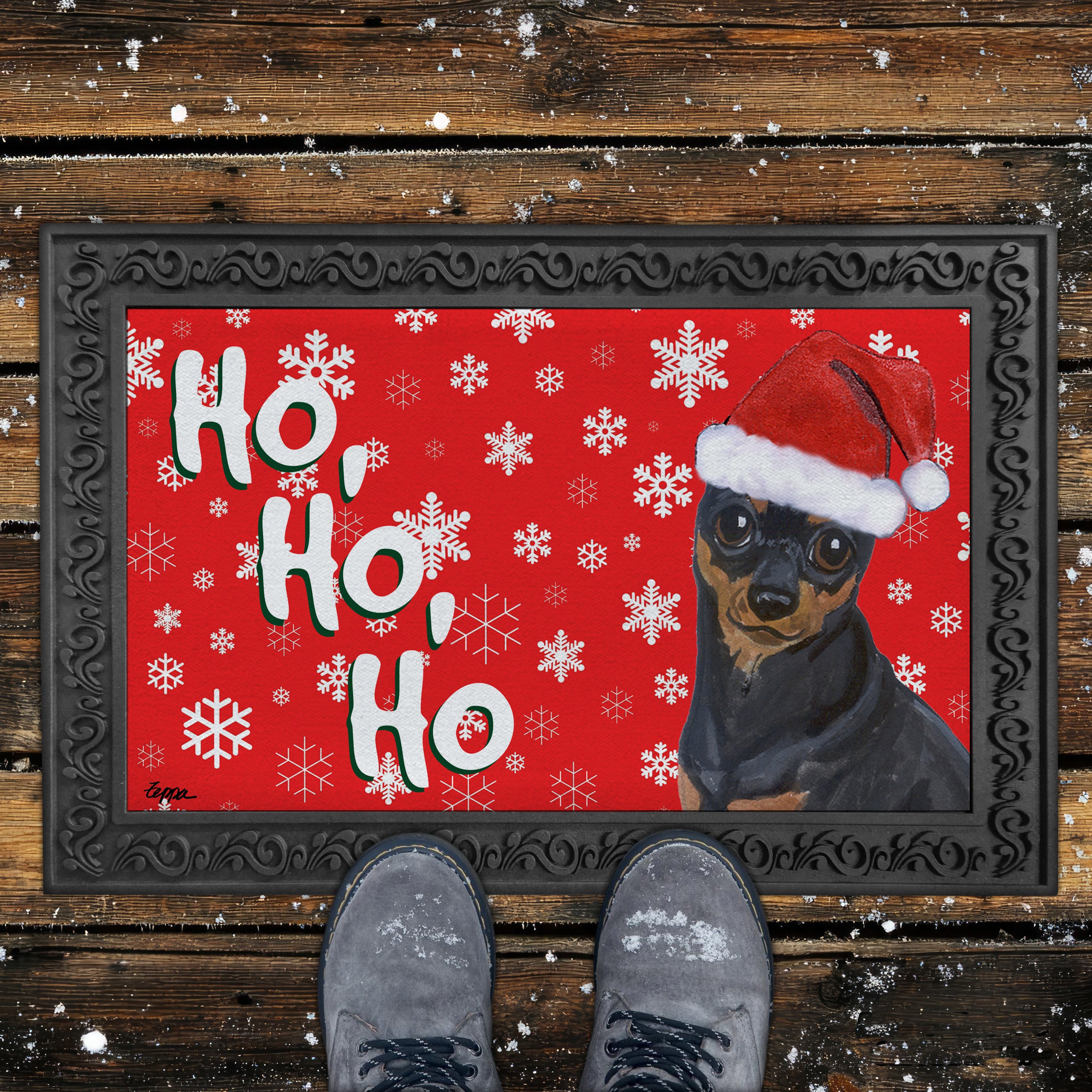 Miniature Pinscher Ho Ho Ho Door Mat in Red