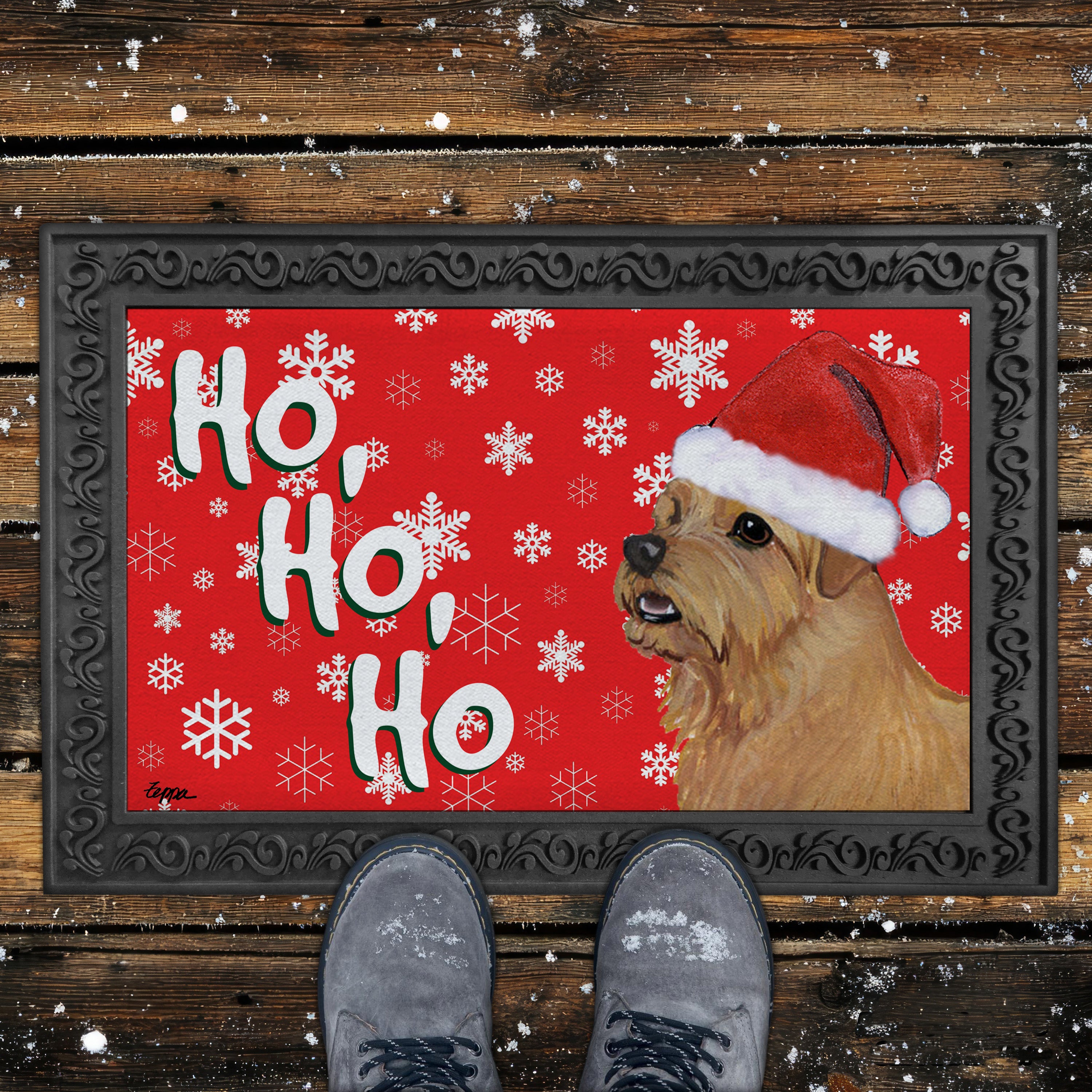 Norfolk Terrier Ho Ho Ho Door Mat in Red