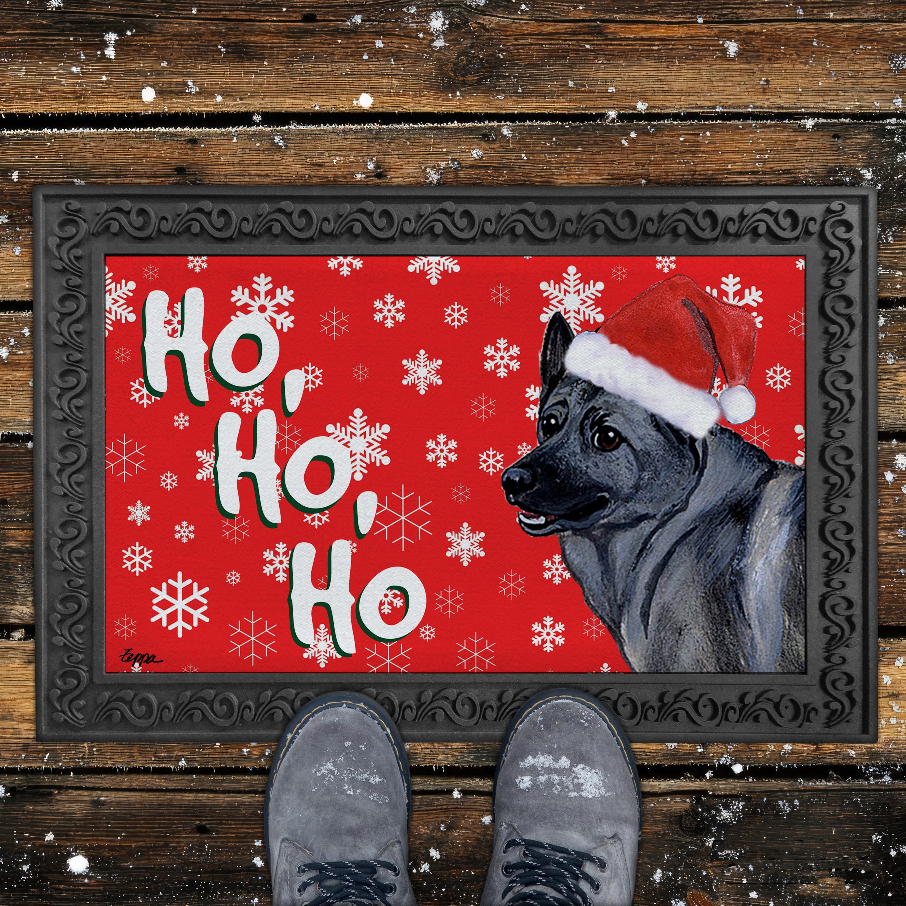 Norwegian Elkhound Ho Ho Ho Door Mat in Red