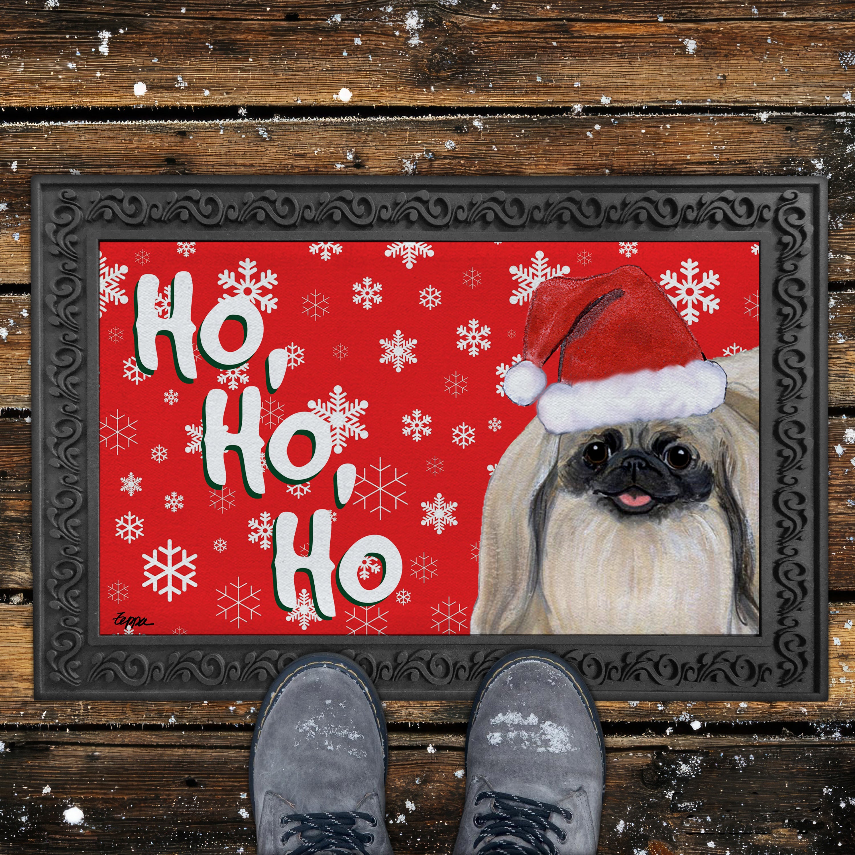 Pekingese Ho Ho Ho Doormat in Red