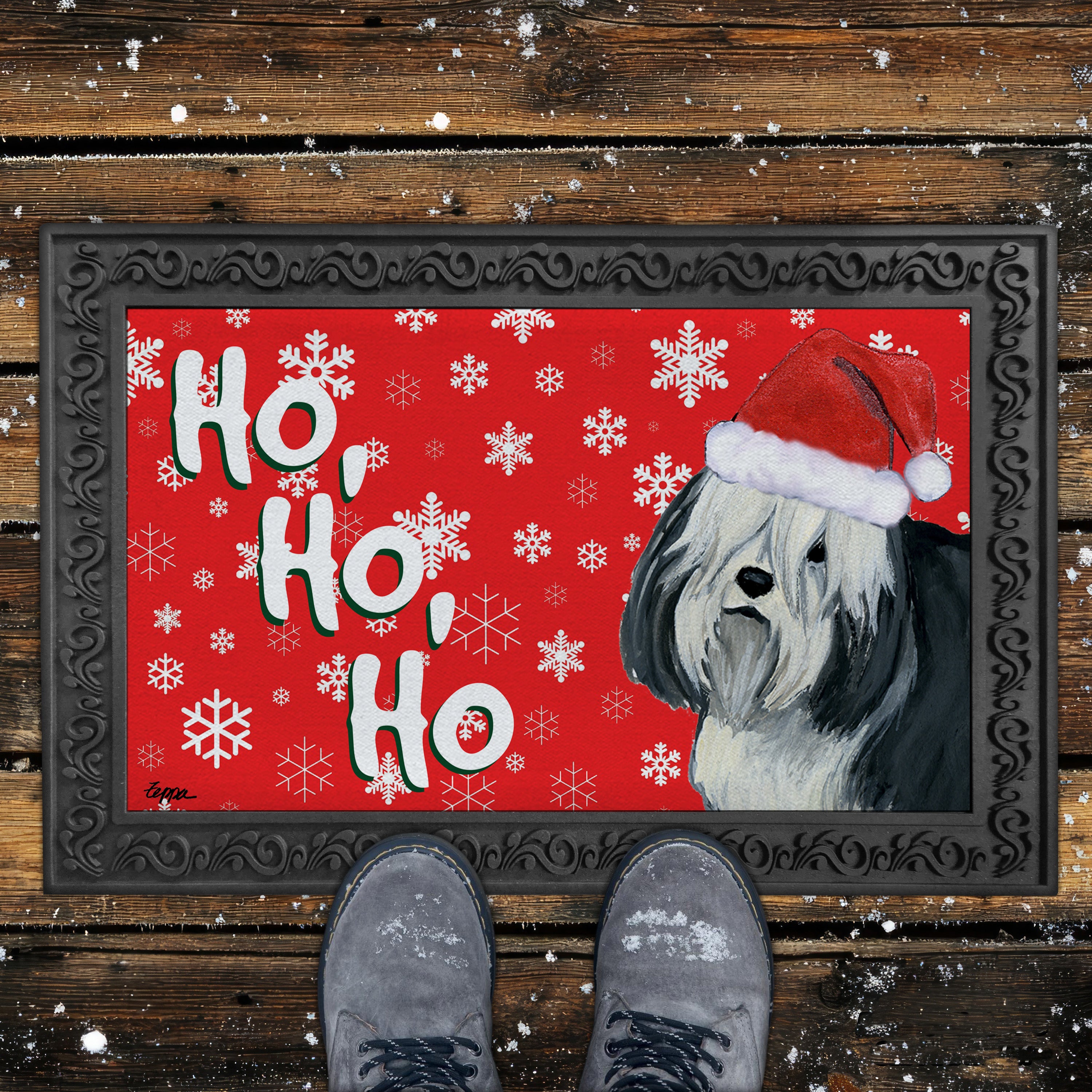Polish Lowland Sheepdog Ho Ho Ho Door Mat in Red