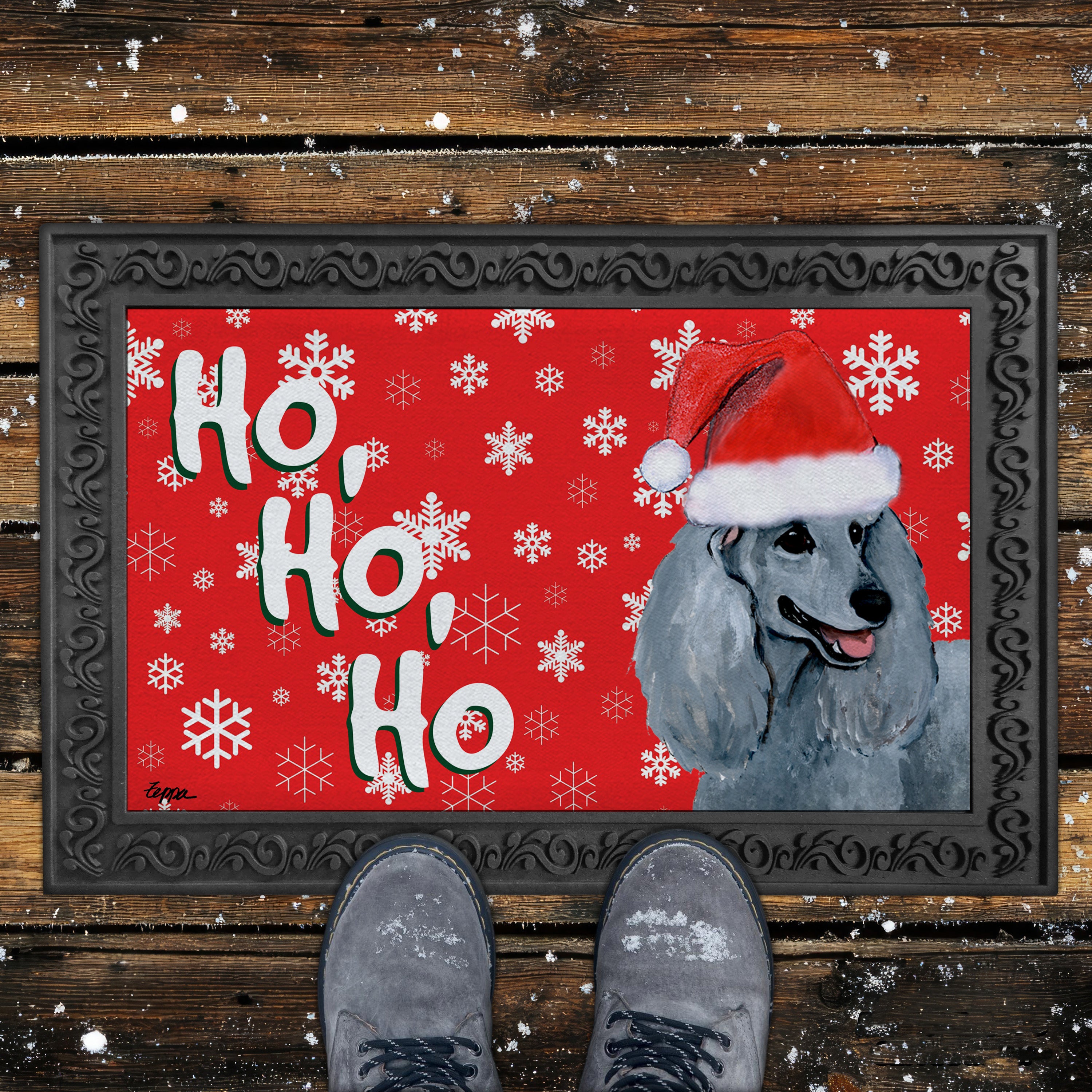 Silver Poodle Ho Ho Ho Door Mat in Red