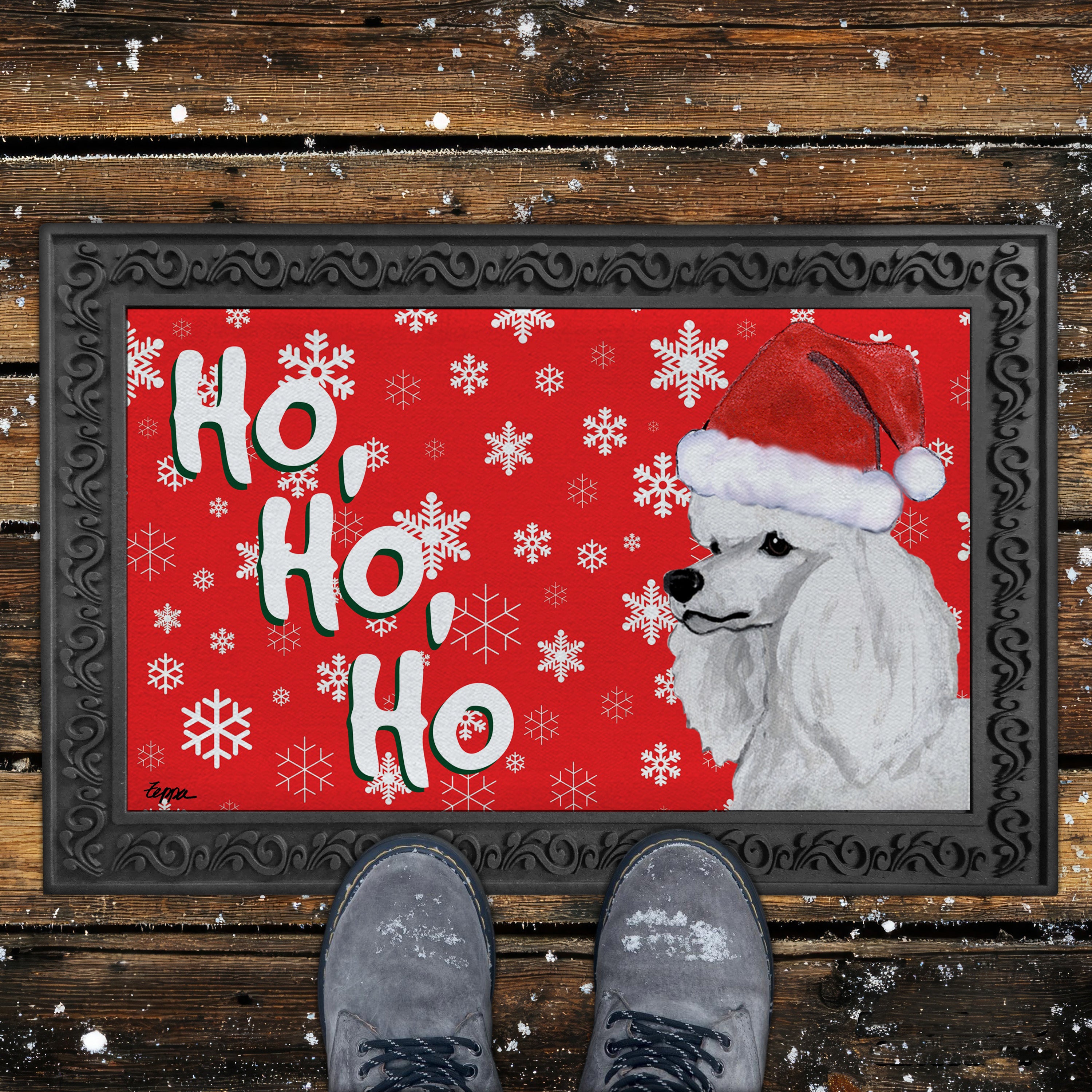 White Poodle Ho Ho Ho Door Mat in Red