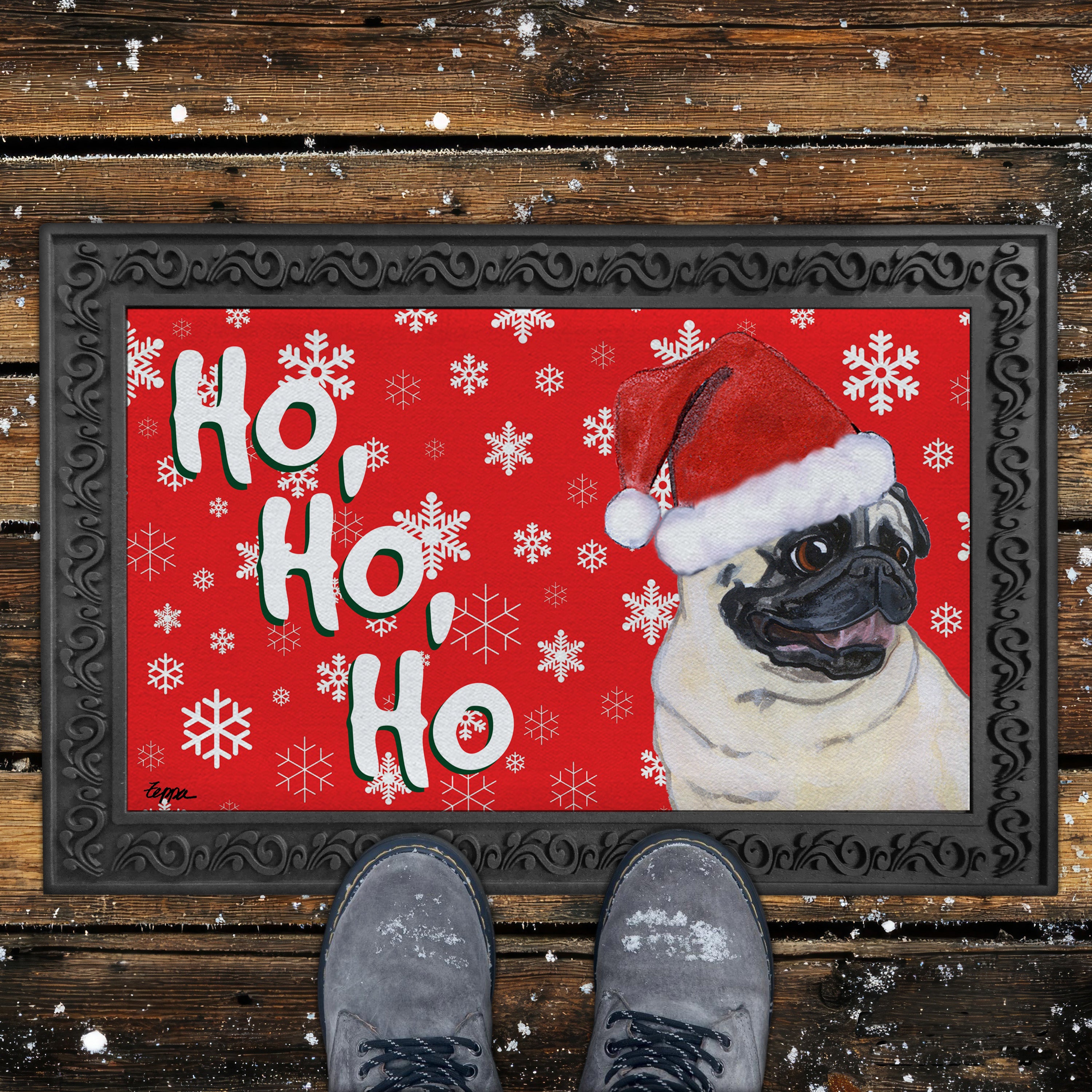 Sitting Pug Ho Ho Ho Door Mat in Red