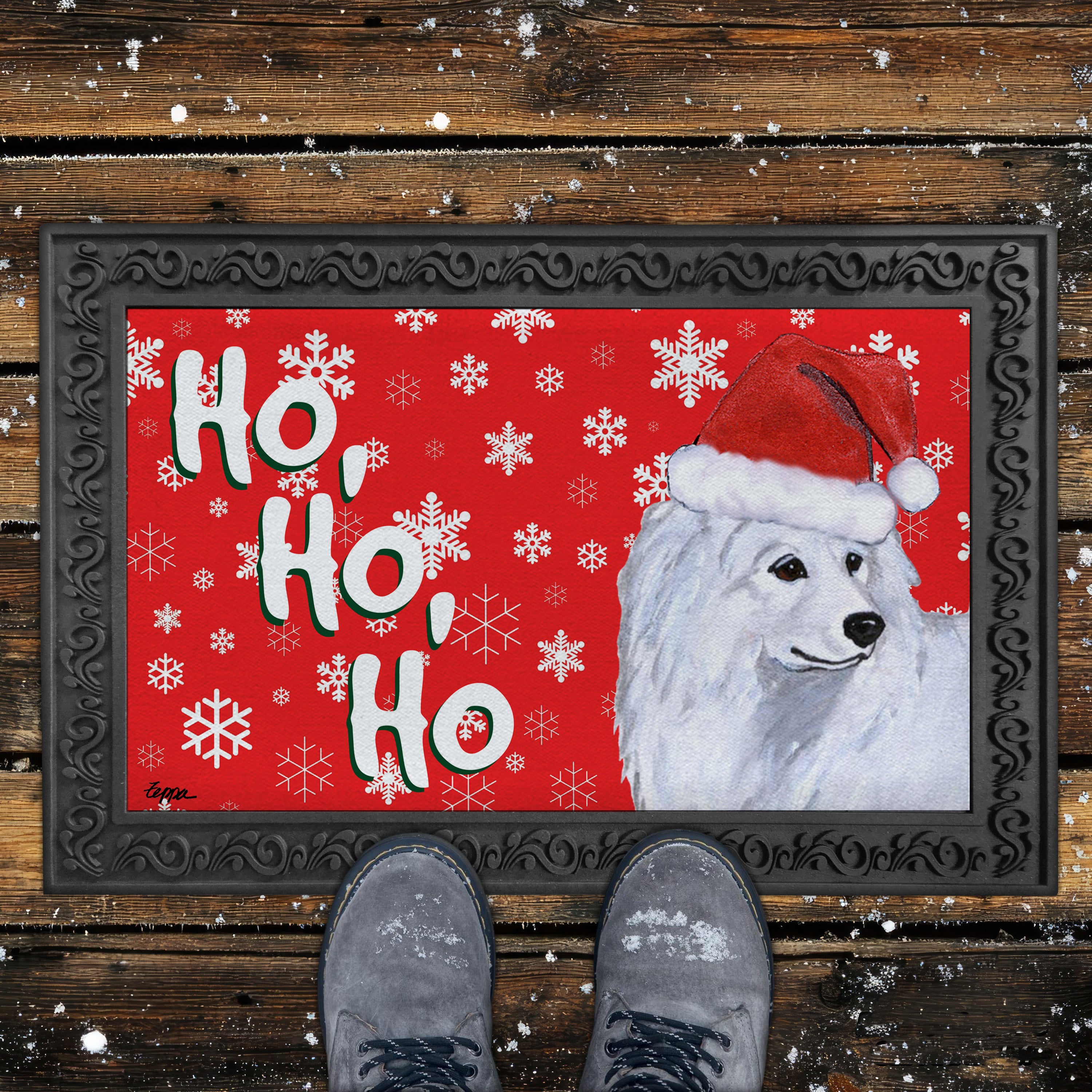 Samoyed Ho Ho Ho Door Mat in Red