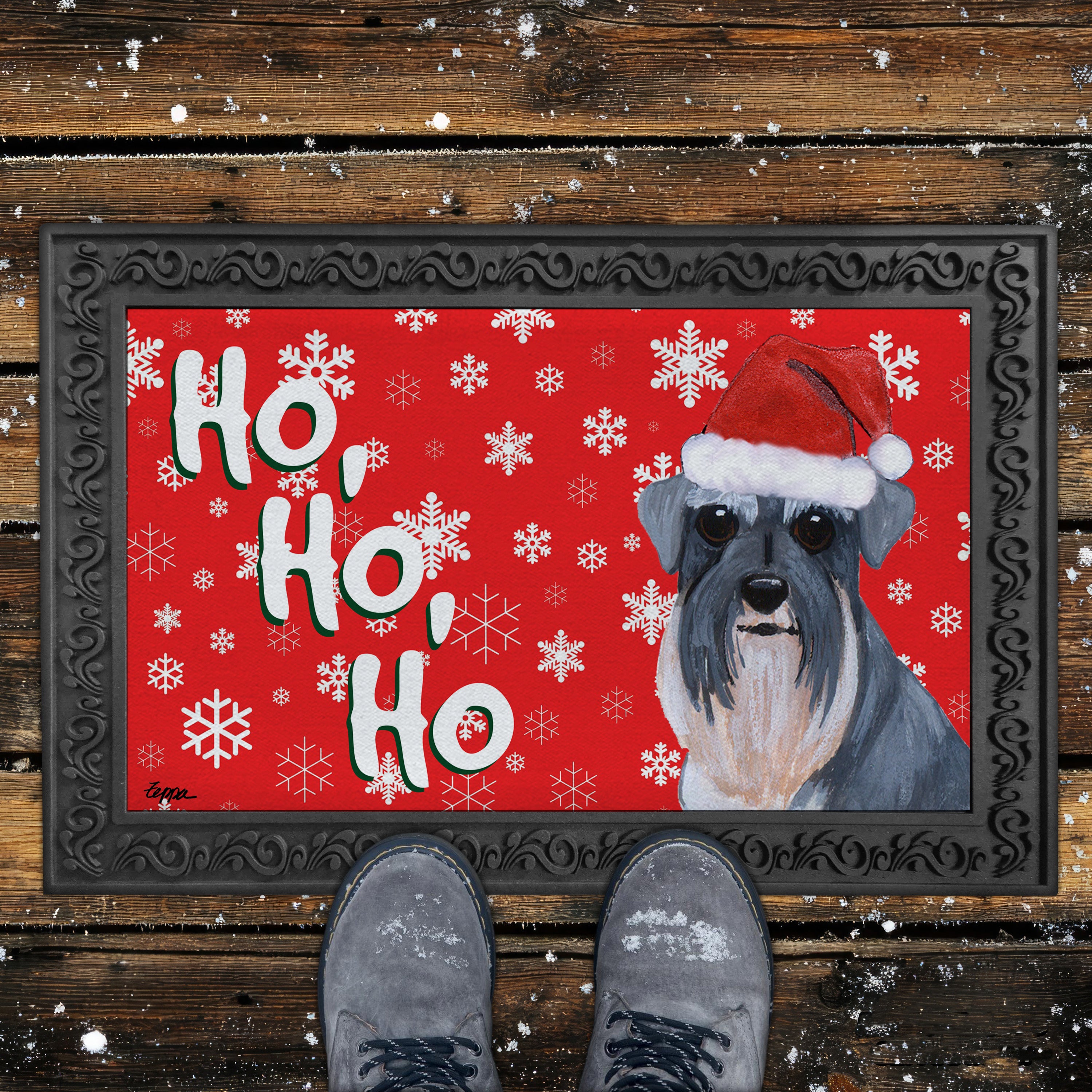 Schnauzer with Natural Ears Ho Ho Ho Door Mat in Red