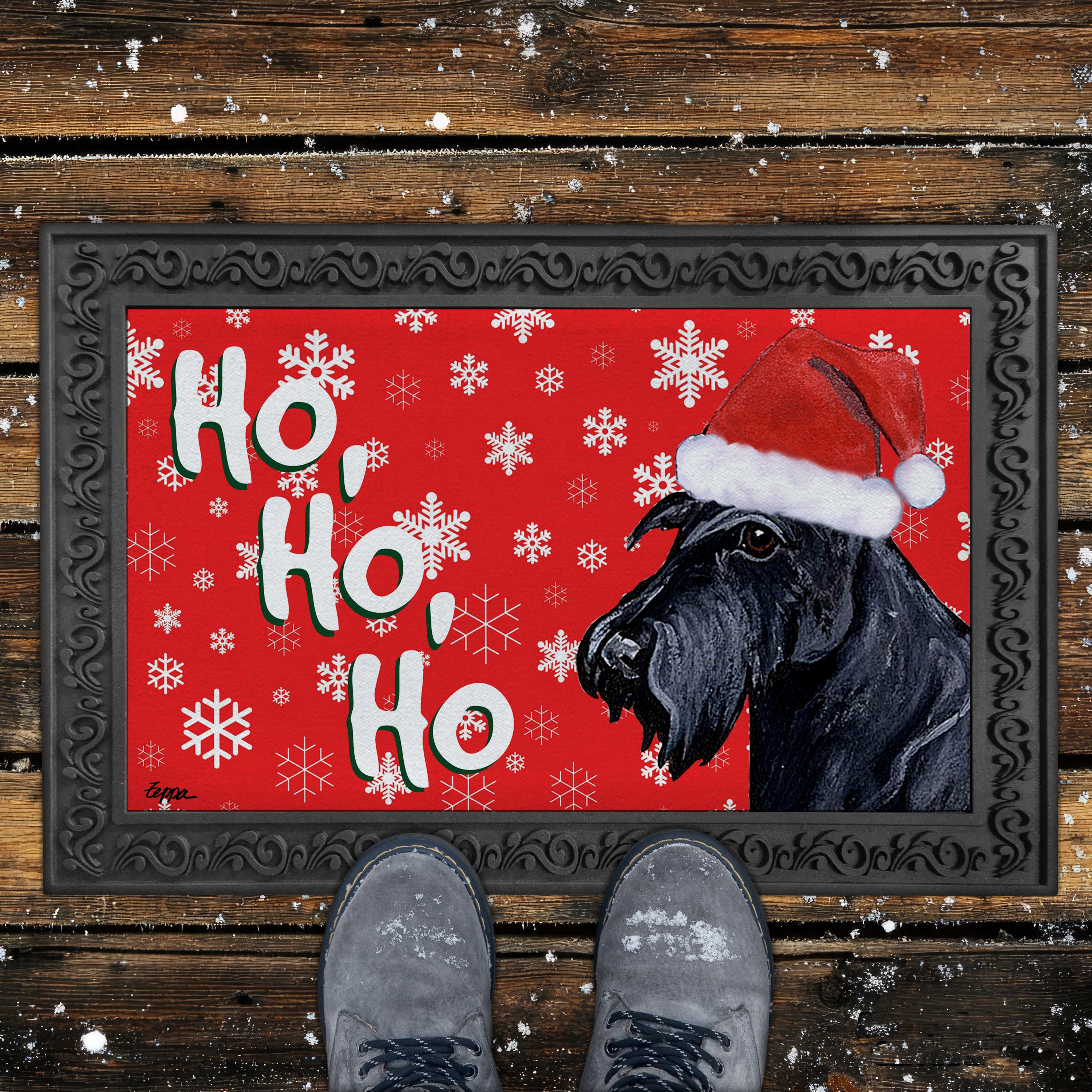 Scottish Terrier Ho Ho Ho Door Mat in Red