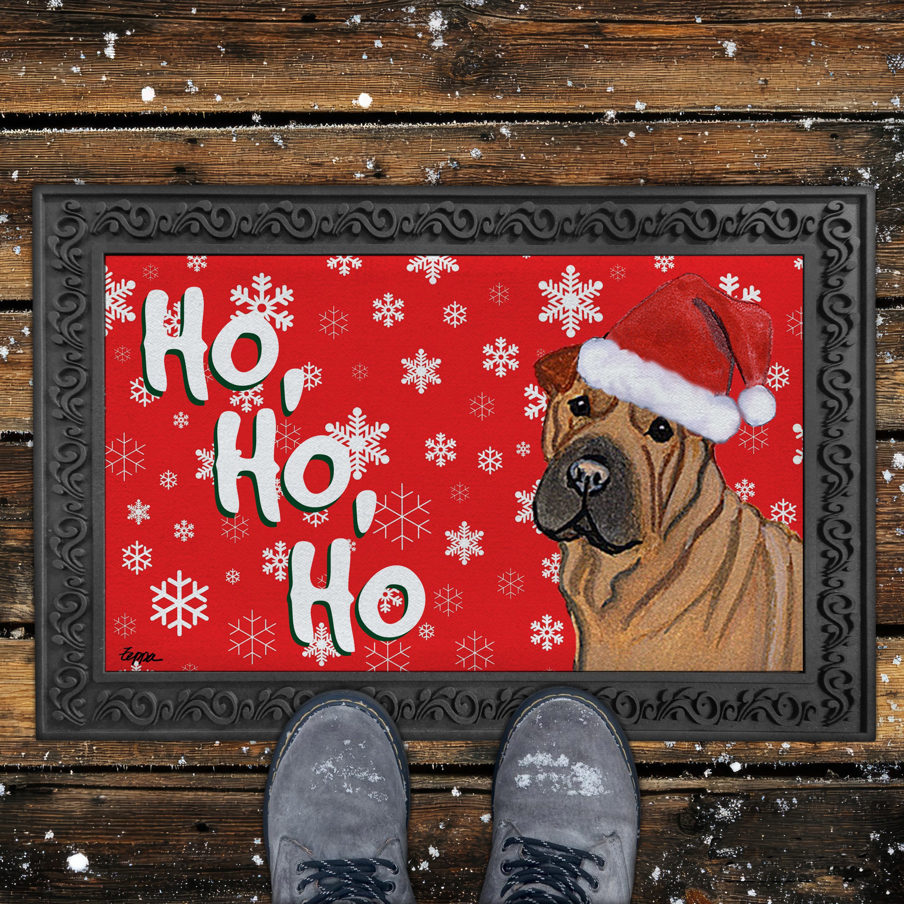 Shar Pei Ho Ho Ho Door Mat in Red