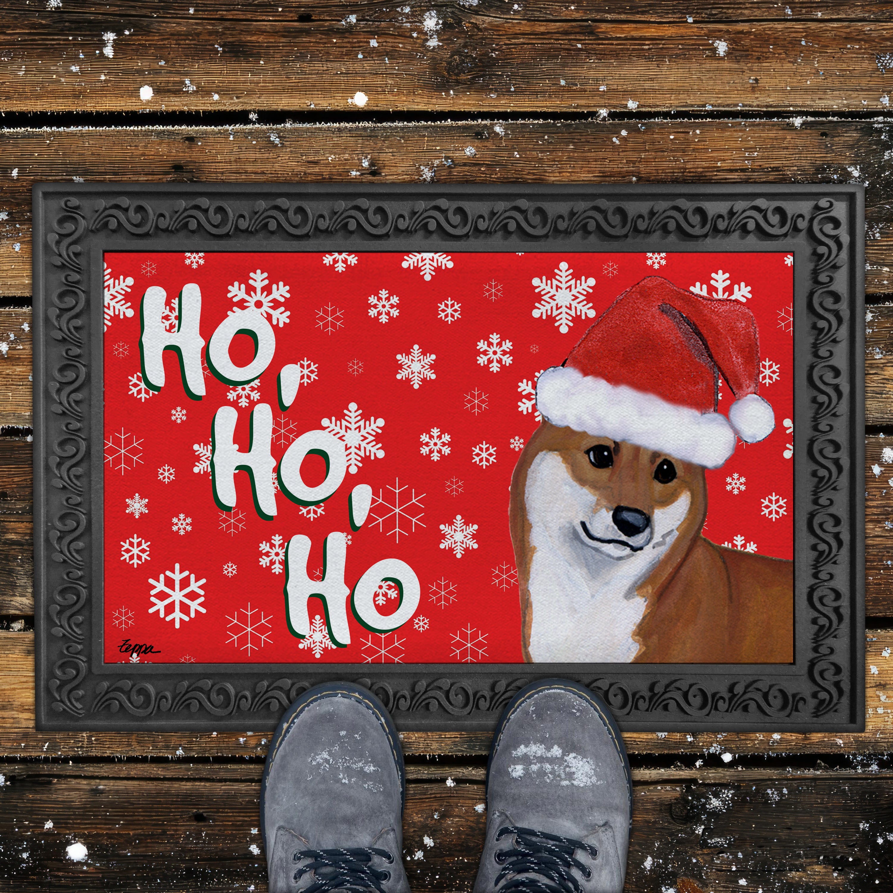 Shiba Inu Ho Ho Ho Door Mat in Red