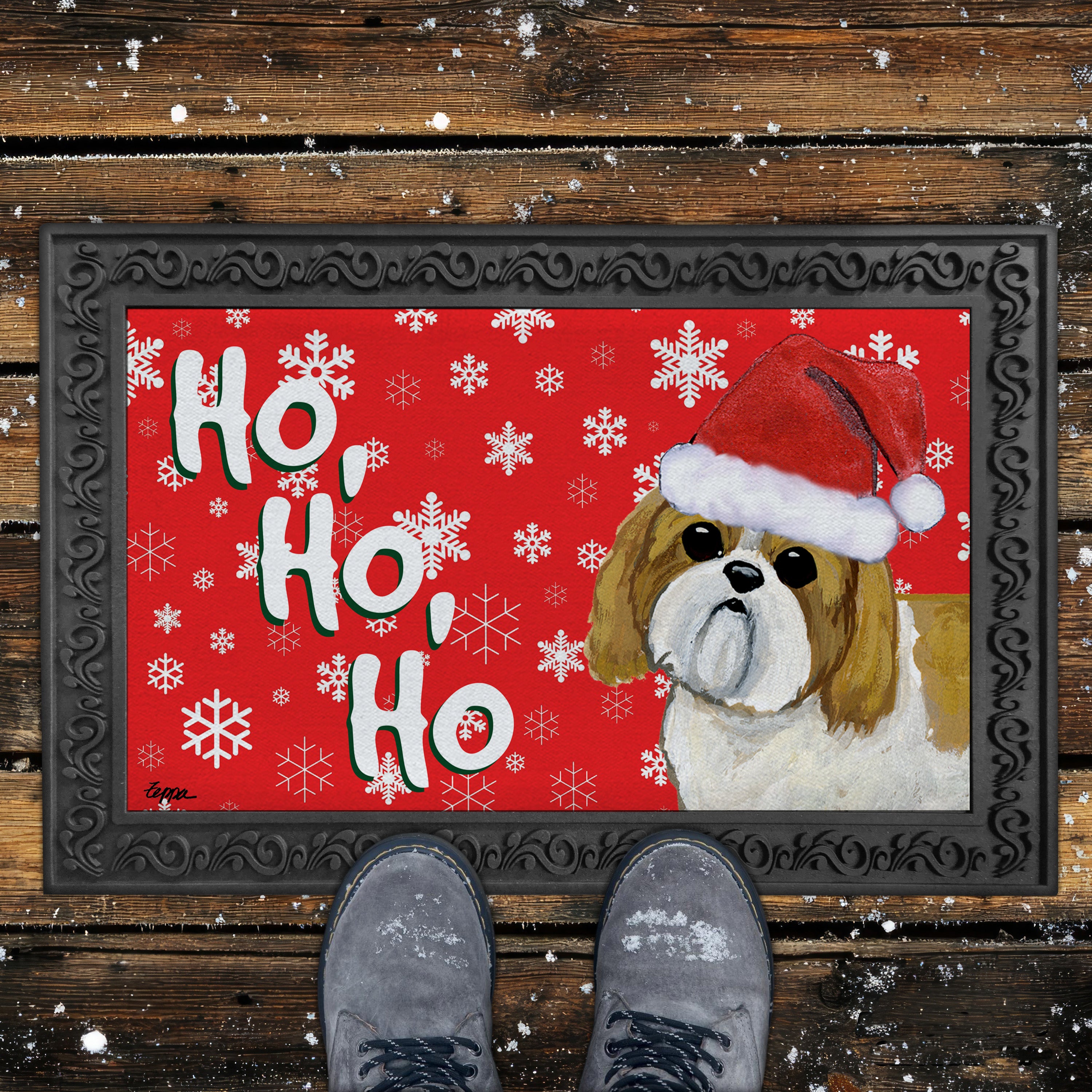 Puppy Clip Tan and White Shih Tzu Ho Ho Ho Door Mat in Red.